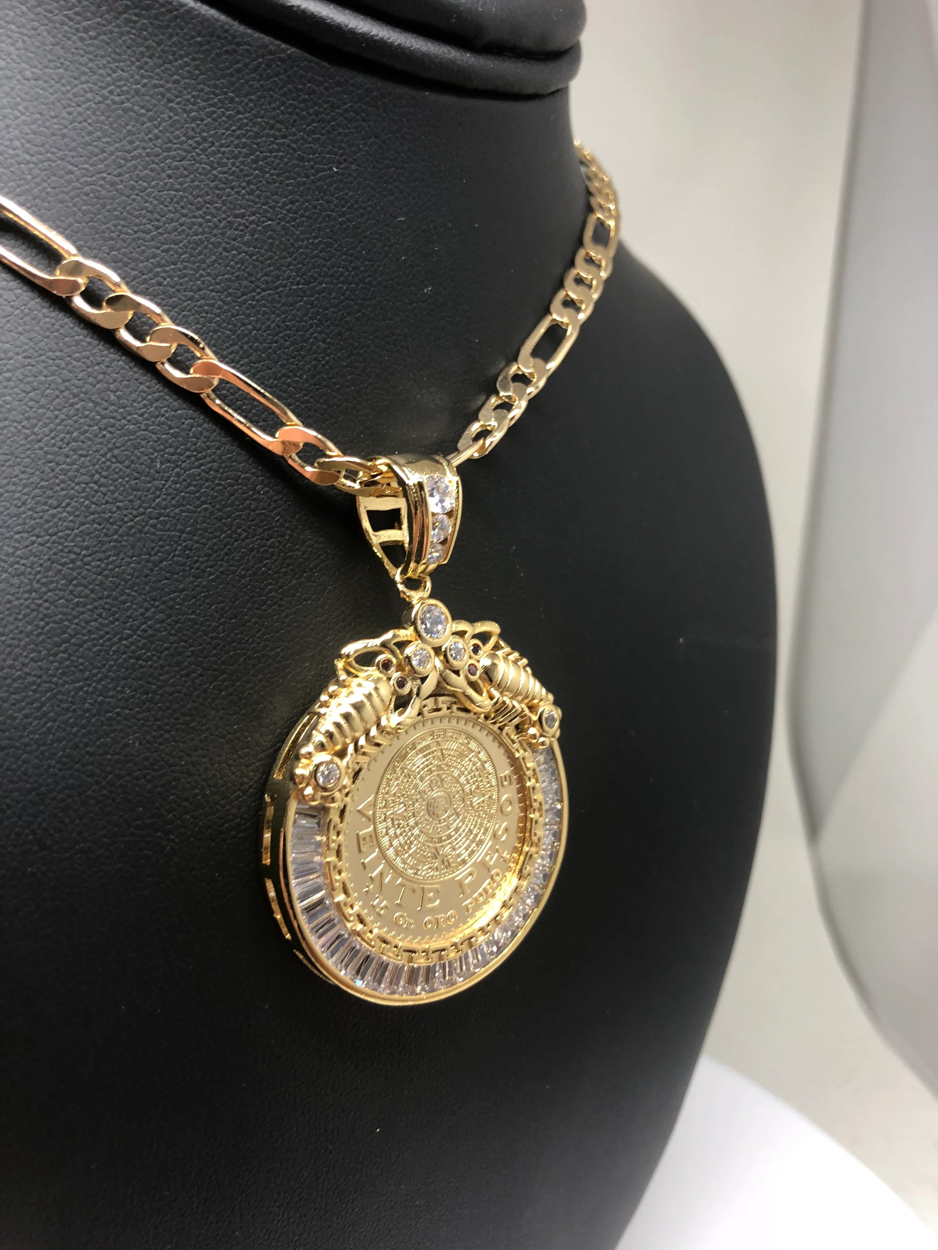 Gold Plated Mexican 20 Pesos Coin Aztec Calendar Scorpion CZ Oro Laminado Con Cadena Figaro 26" 5mm - Image 8
