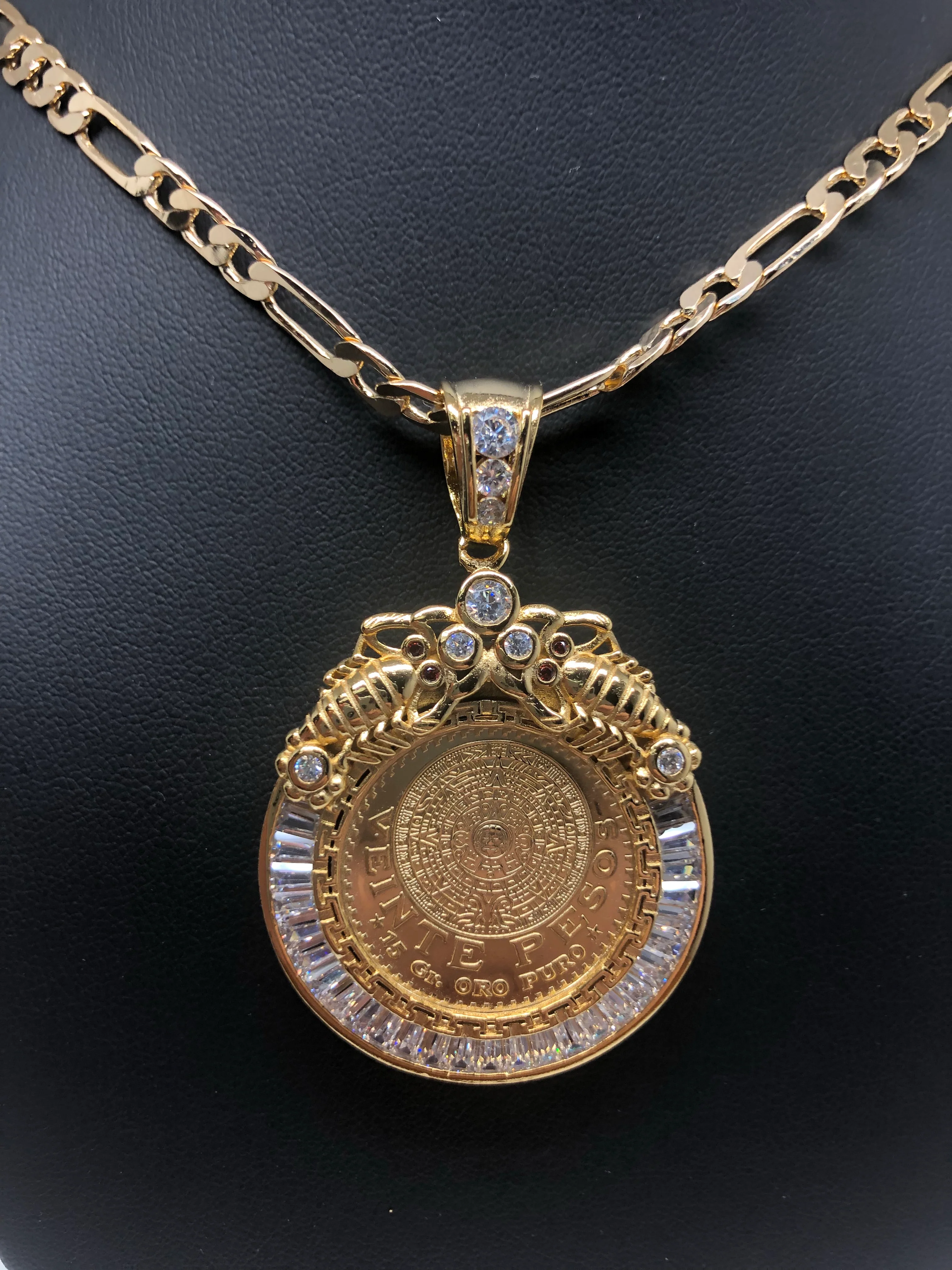 Gold Plated Mexican 20 Pesos Coin Aztec Calendar Scorpion CZ Oro Laminado Con Cadena Figaro 26" 5mm - Image 9