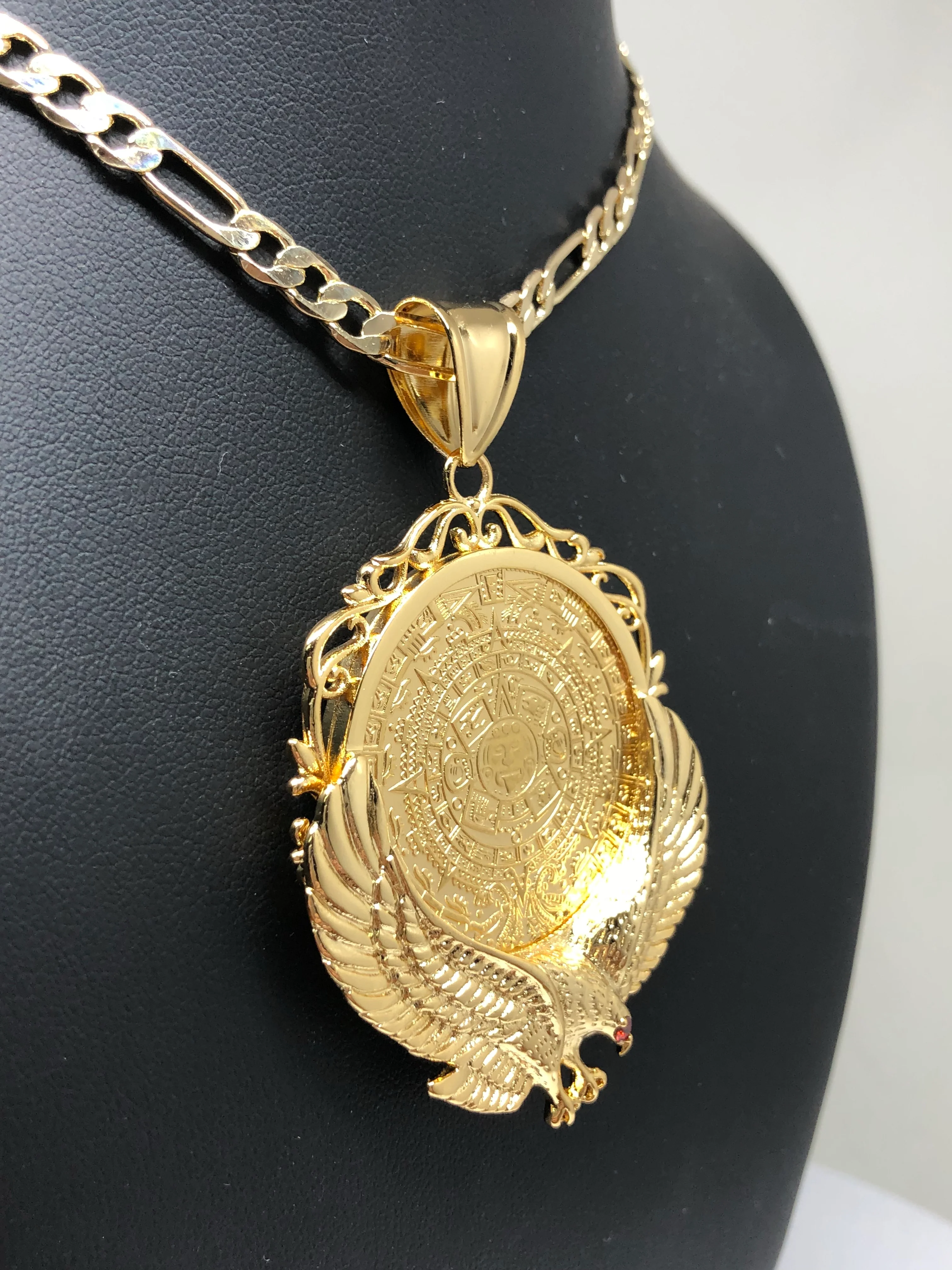 Gold Plated Mexican Centenario Coin Aztec Calendar con Aguila Oro Laminado Con Cadena Figaro 26" 5mm - Image 10