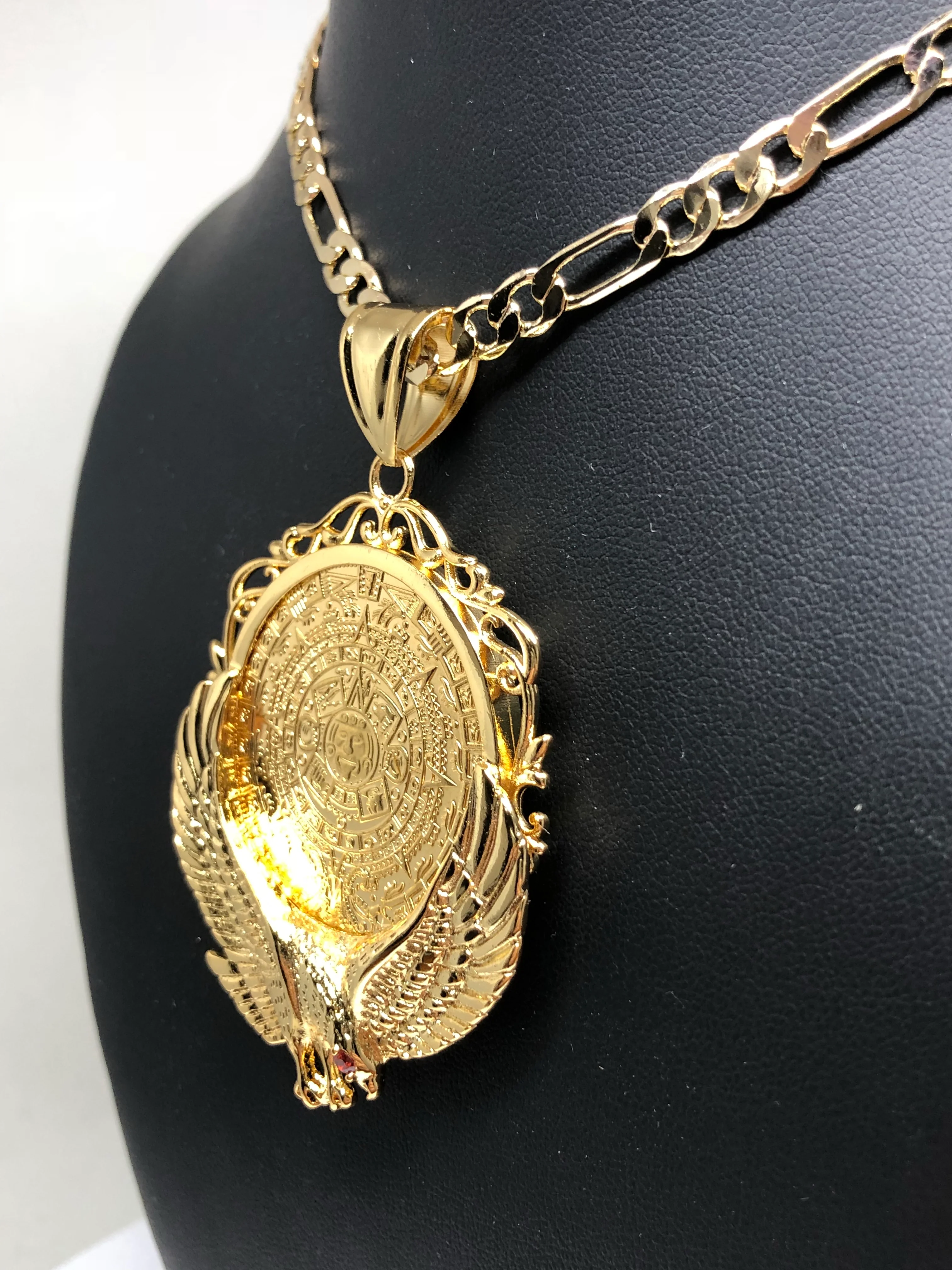 Gold Plated Mexican Centenario Coin Aztec Calendar con Aguila Oro Laminado Con Cadena Figaro 26" 5mm - Image 11