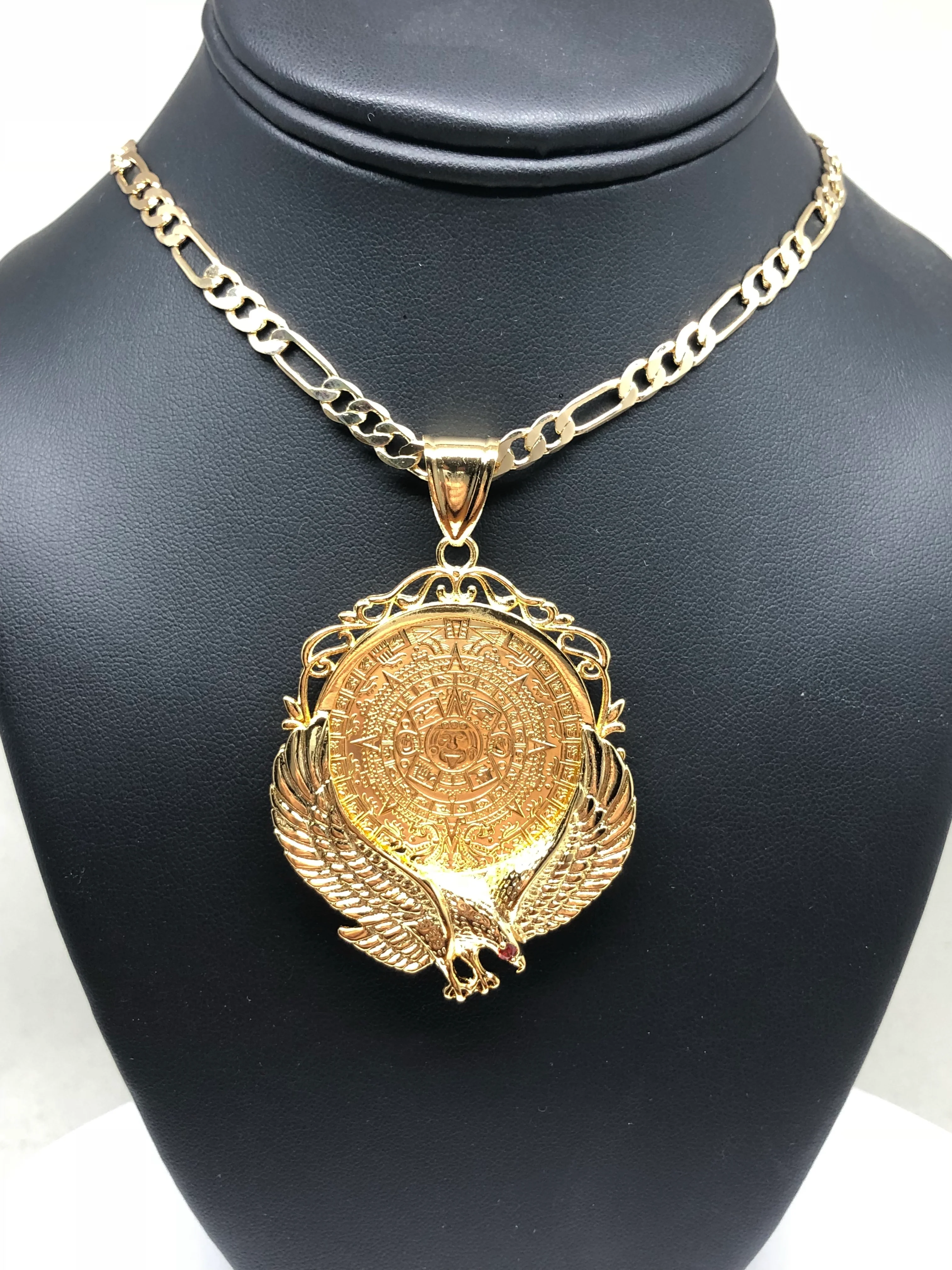 Gold Plated Mexican Centenario Coin Aztec Calendar con Aguila Oro Laminado Con Cadena Figaro 26" 5mm - Image 12