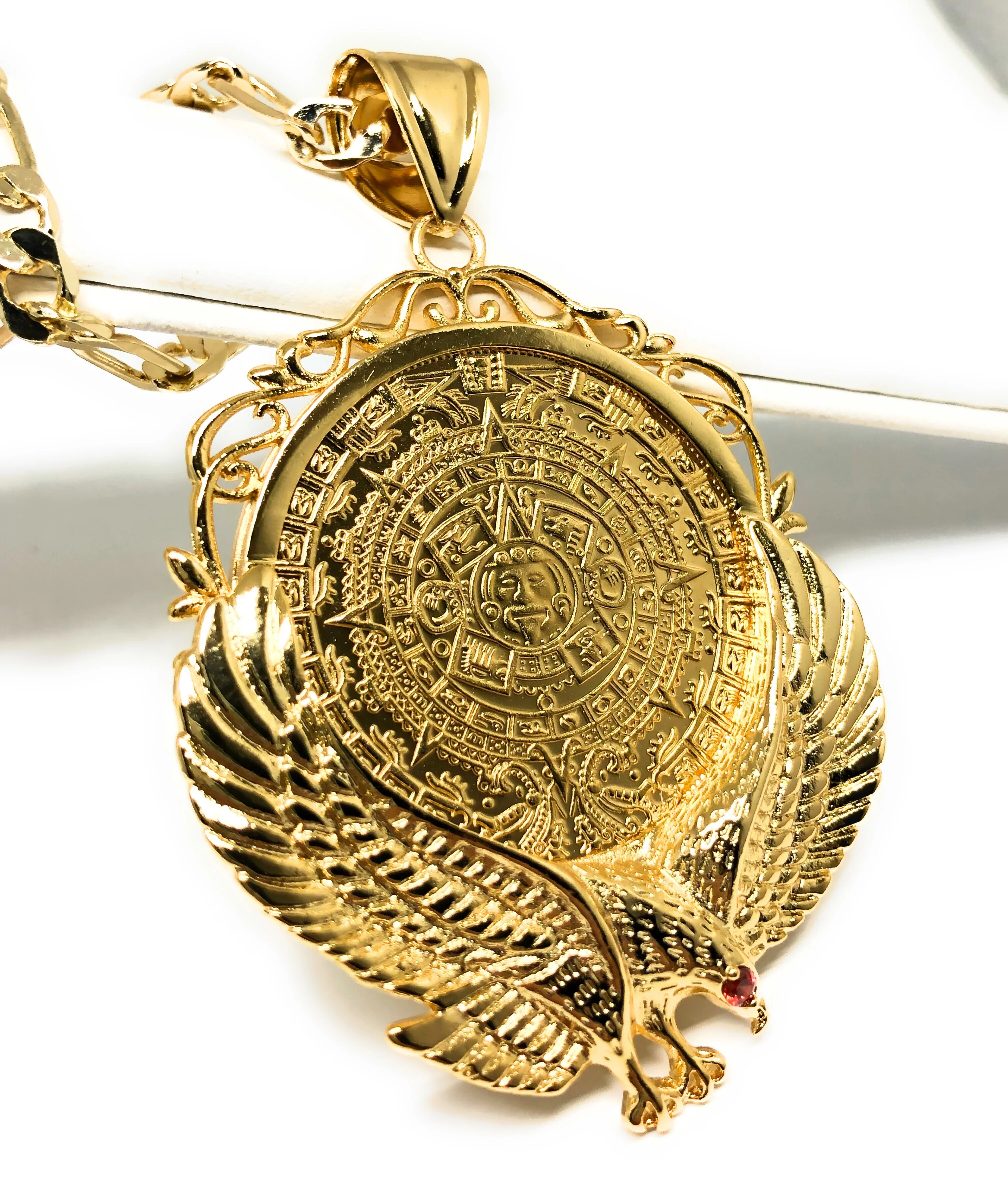 Gold Plated Mexican Centenario Coin Aztec Calendar con Aguila Oro Laminado Con Cadena Figaro 26" 5mm - Image 3