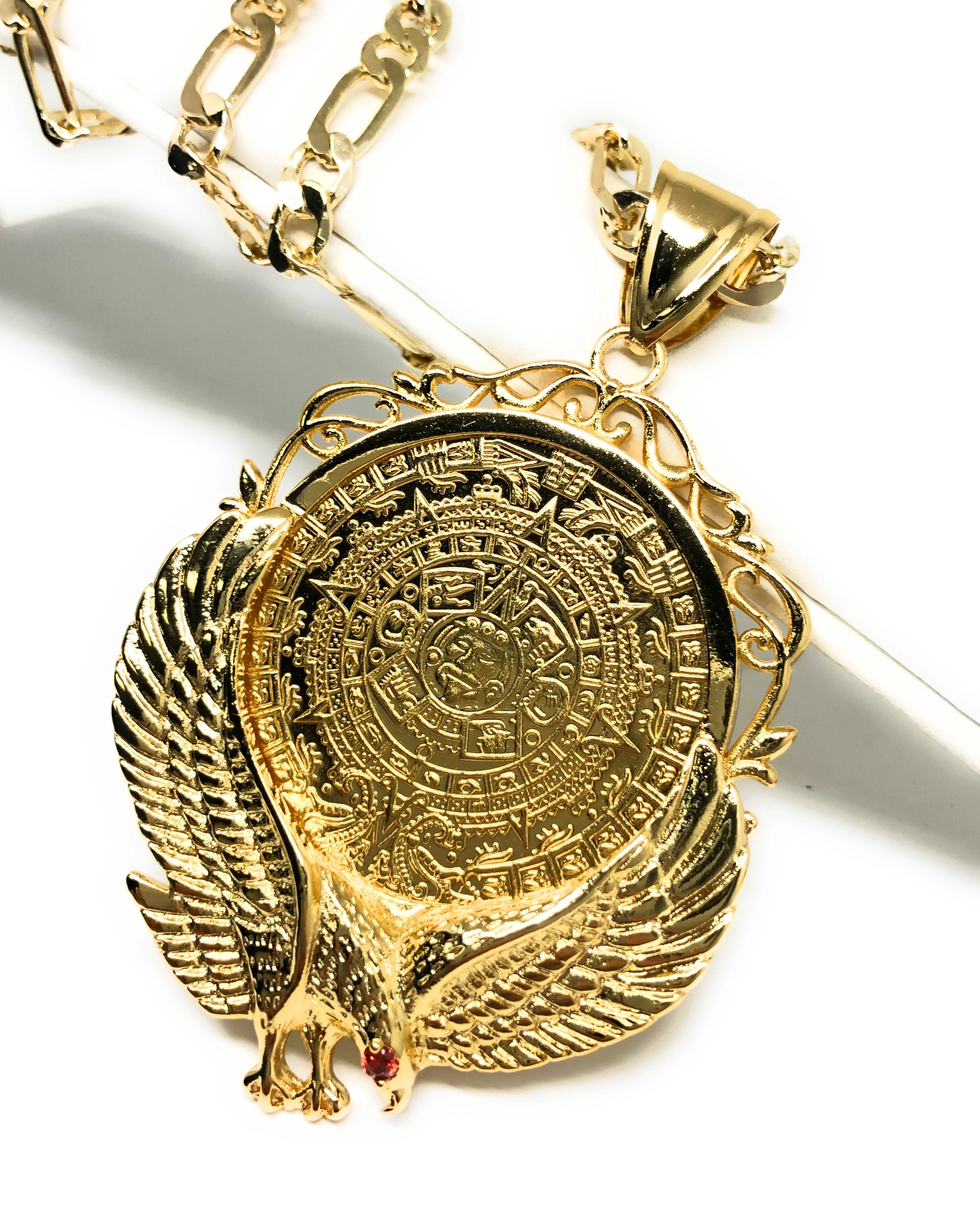 Gold Plated Mexican Centenario Coin Aztec Calendar con Aguila Oro Laminado Con Cadena Figaro 26" 5mm - Image 4