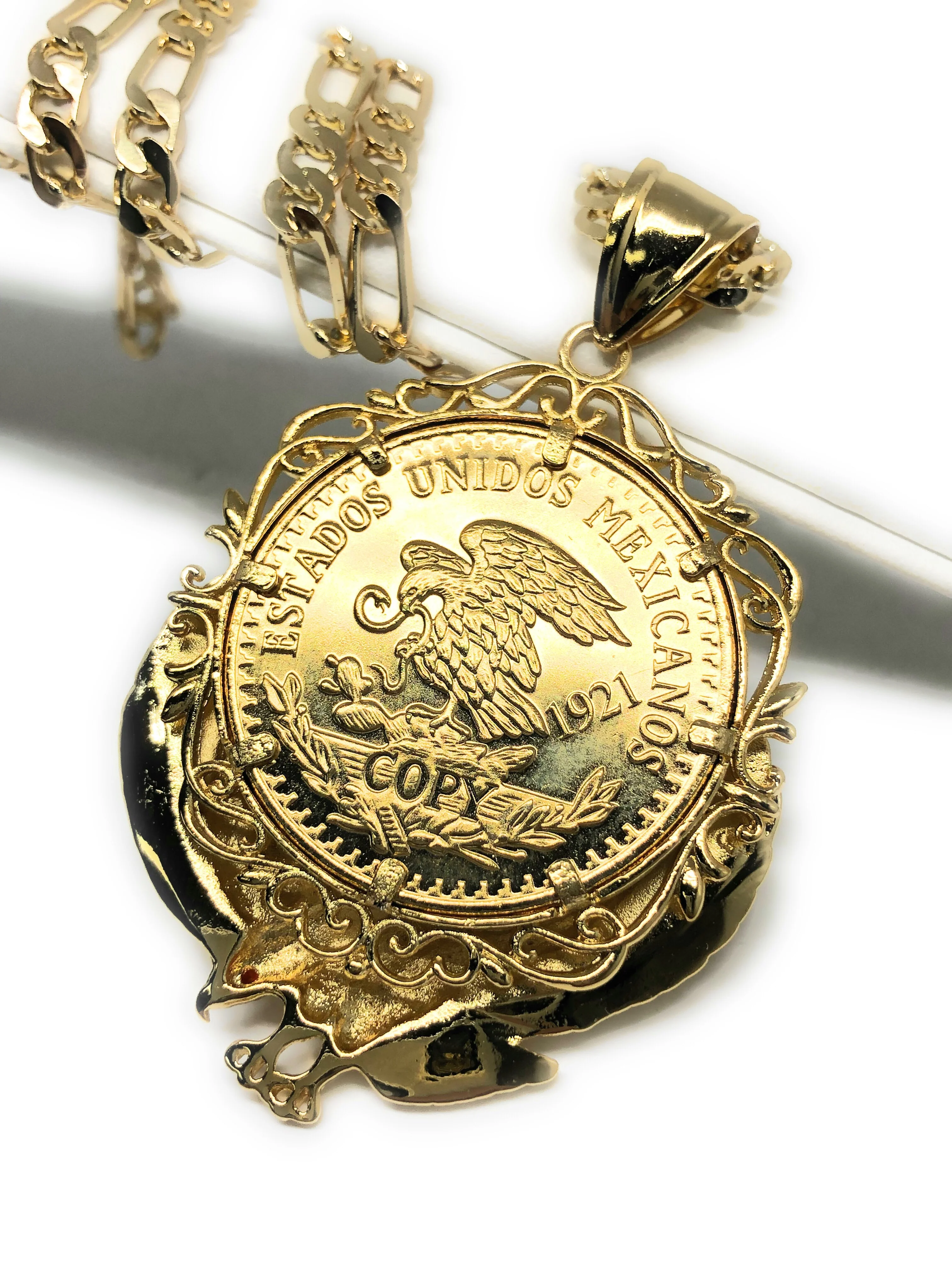 Gold Plated Mexican Centenario Coin Aztec Calendar con Aguila Oro Laminado Con Cadena Figaro 26" 5mm - Image 5