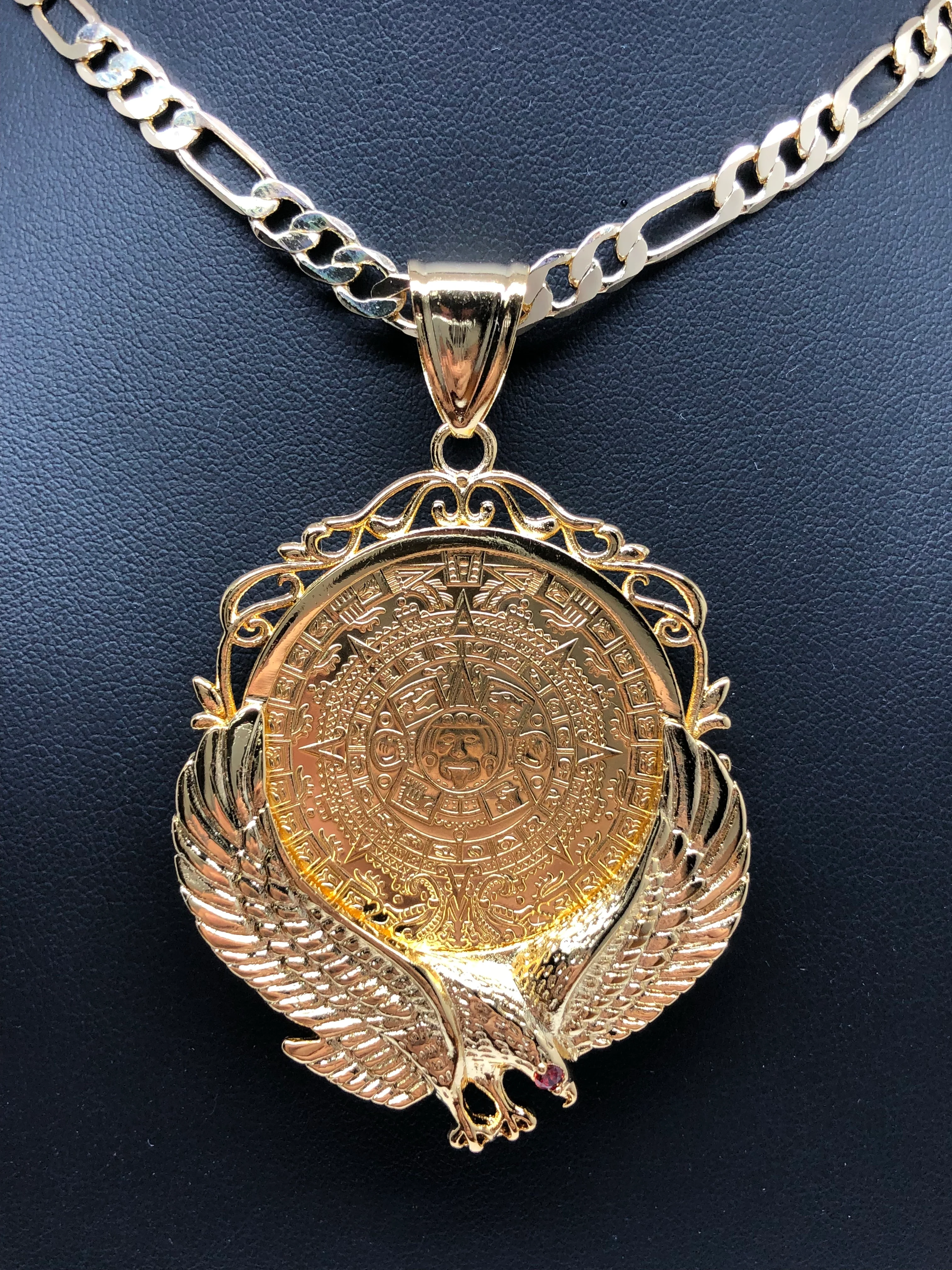 Gold Plated Mexican Centenario Coin Aztec Calendar con Aguila Oro Laminado Con Cadena Figaro 26" 5mm - Image 6