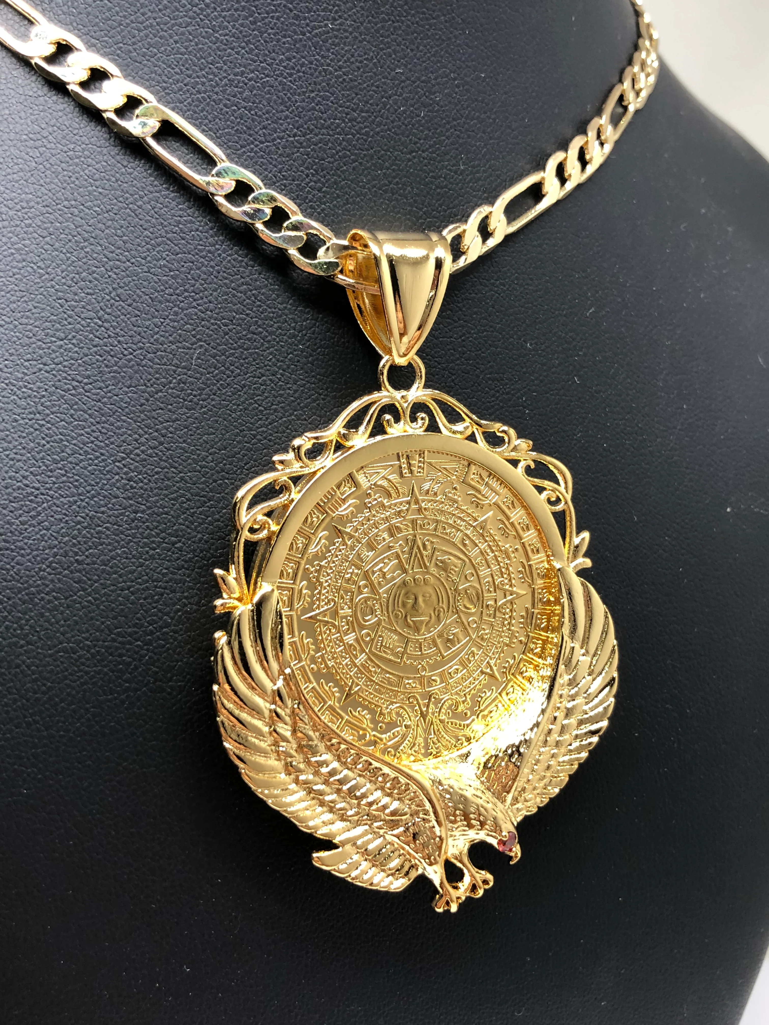 Gold Plated Mexican Centenario Coin Aztec Calendar con Aguila Oro Laminado Con Cadena Figaro 26" 5mm - Image 7