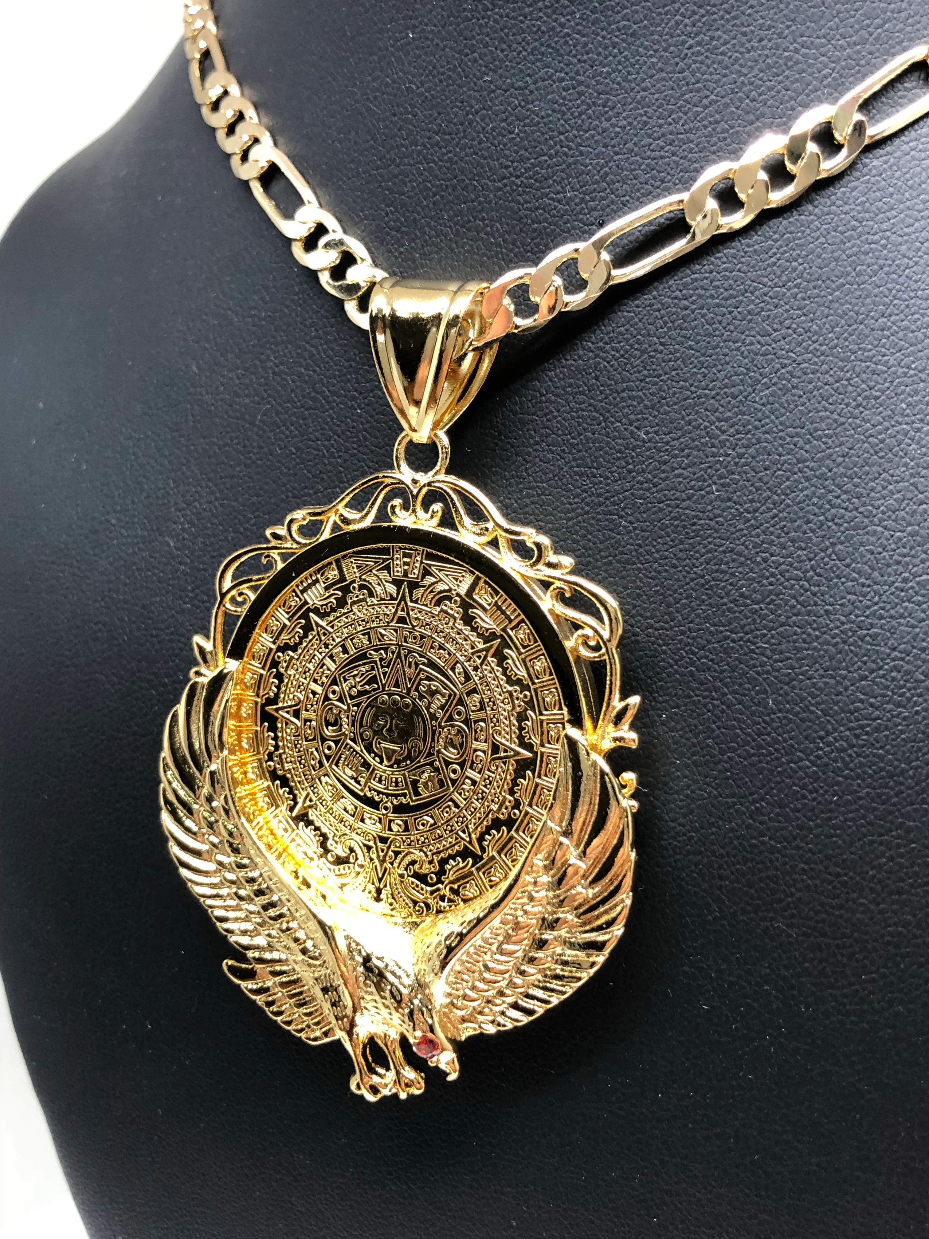 Gold Plated Mexican Centenario Coin Aztec Calendar con Aguila Oro Laminado Con Cadena Figaro 26" 5mm - Image 8