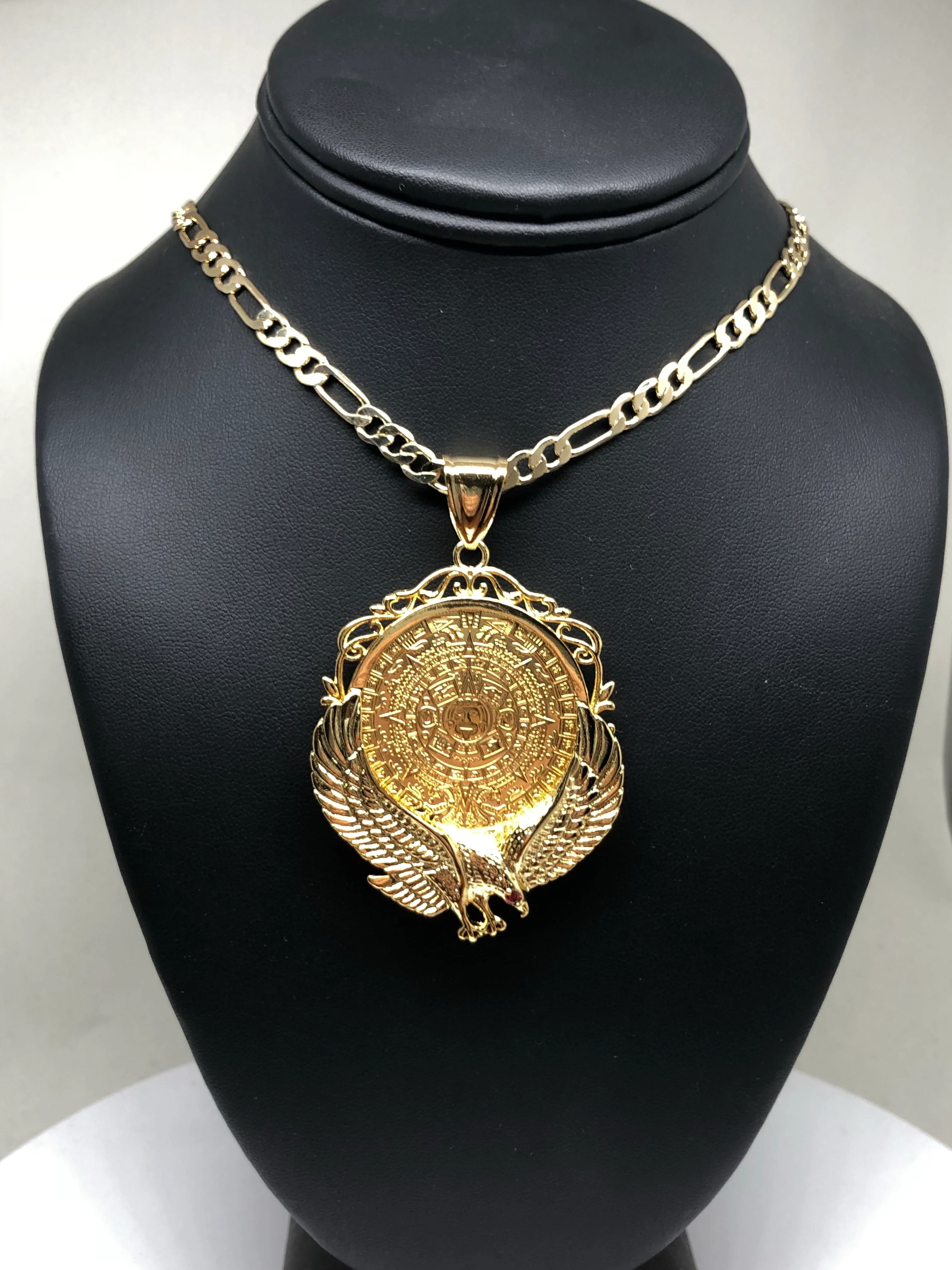 Gold Plated Mexican Centenario Coin Aztec Calendar con Aguila Oro Laminado Con Cadena Figaro 26" 5mm - Image 9