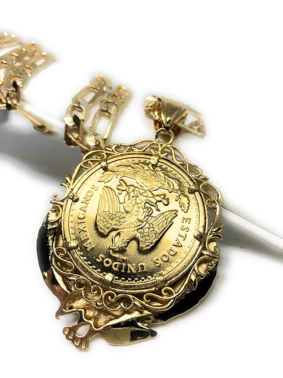 Gold Plated Mexican Coin Centenario Mexicano con Aguila Replica Oro Laminado Con Cadena Figaro 26" 7mm - Image 4