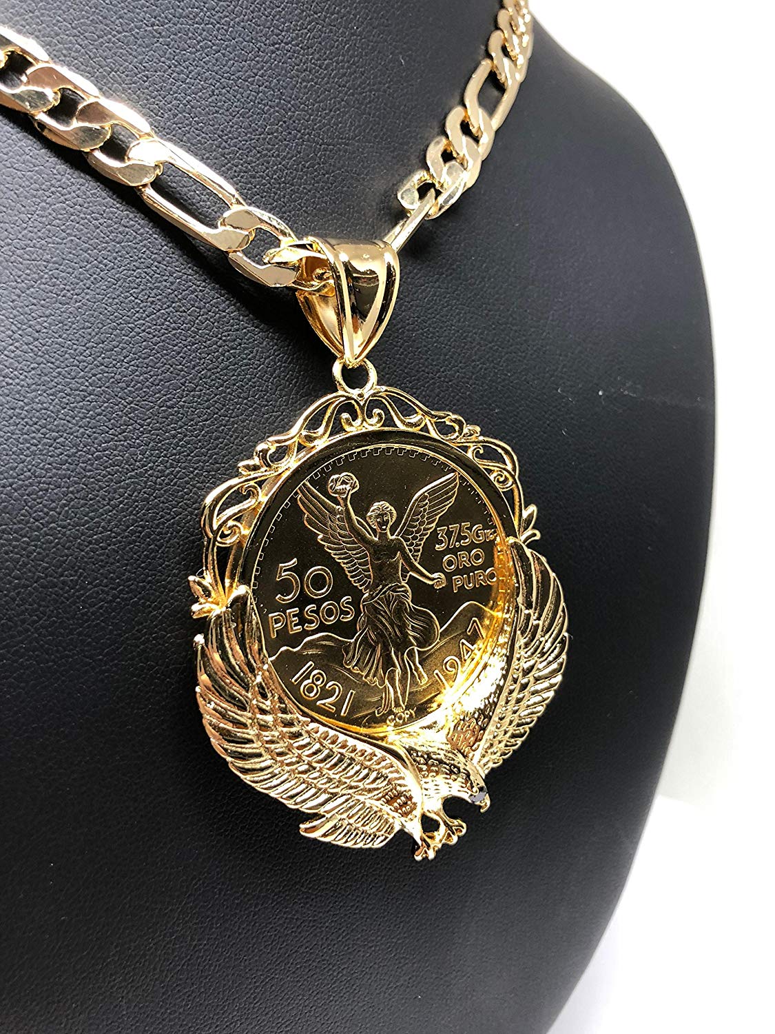 Gold Plated Mexican Coin Centenario Mexicano con Aguila Replica Oro Laminado Con Cadena Figaro 26" 7mm - Image 7