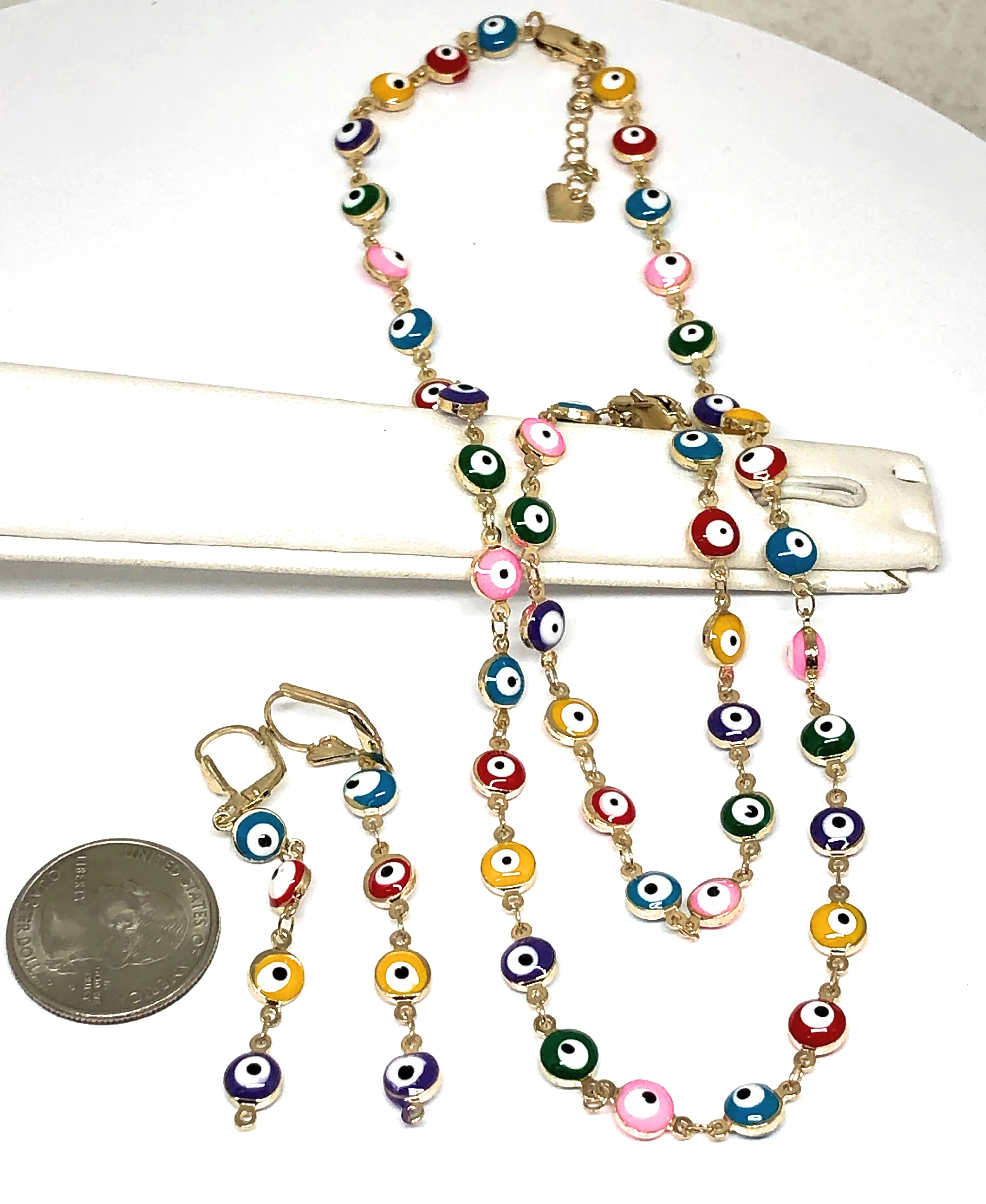 Gold Plated MULTI-COLOR EVIL EYE SET (NECKLACE, BRACELET, EARRINGS) - Image 2