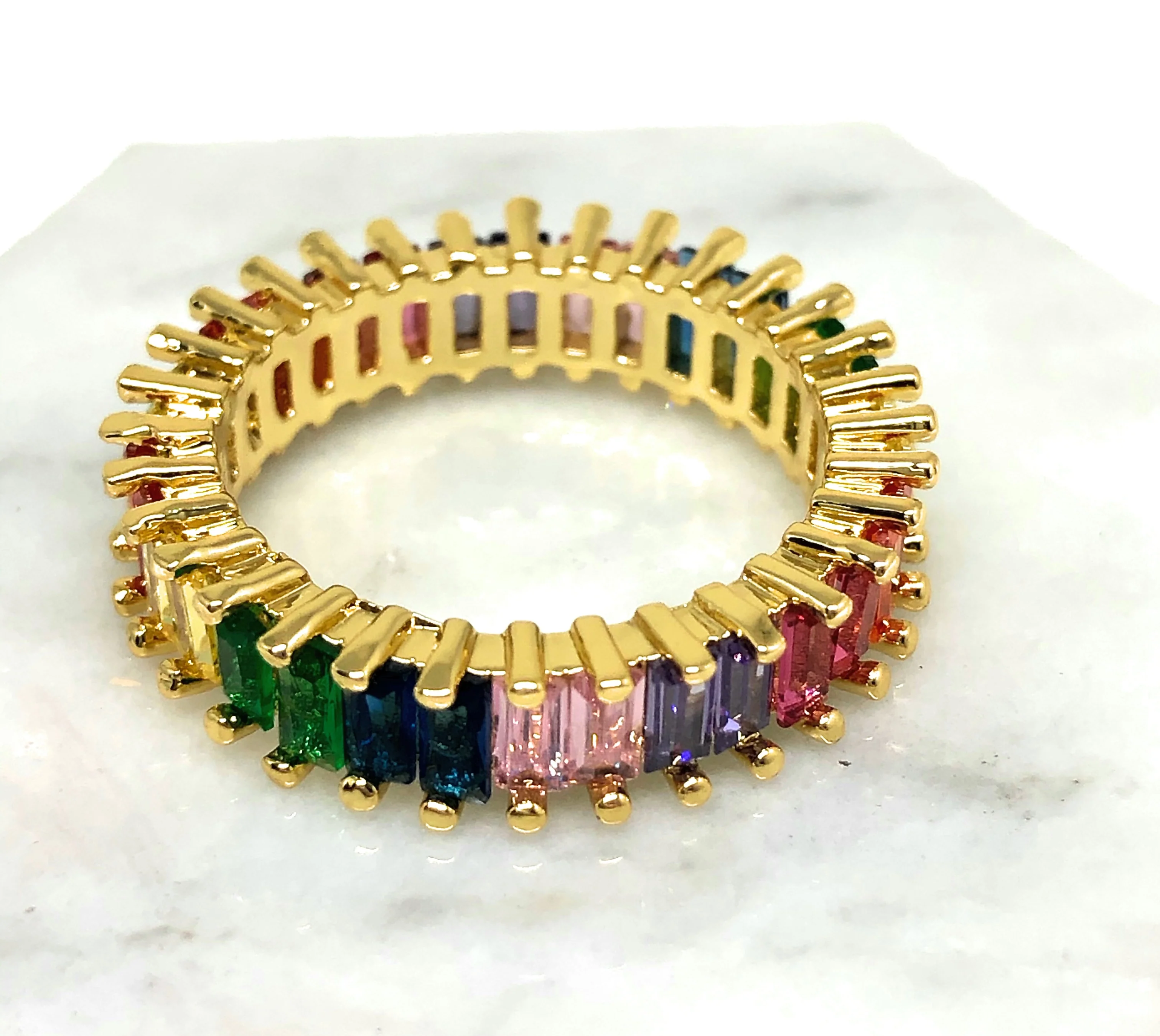 Gold Plated Multi-Color Vibrant Rainbow Baguette Ring Anillo - Image 2