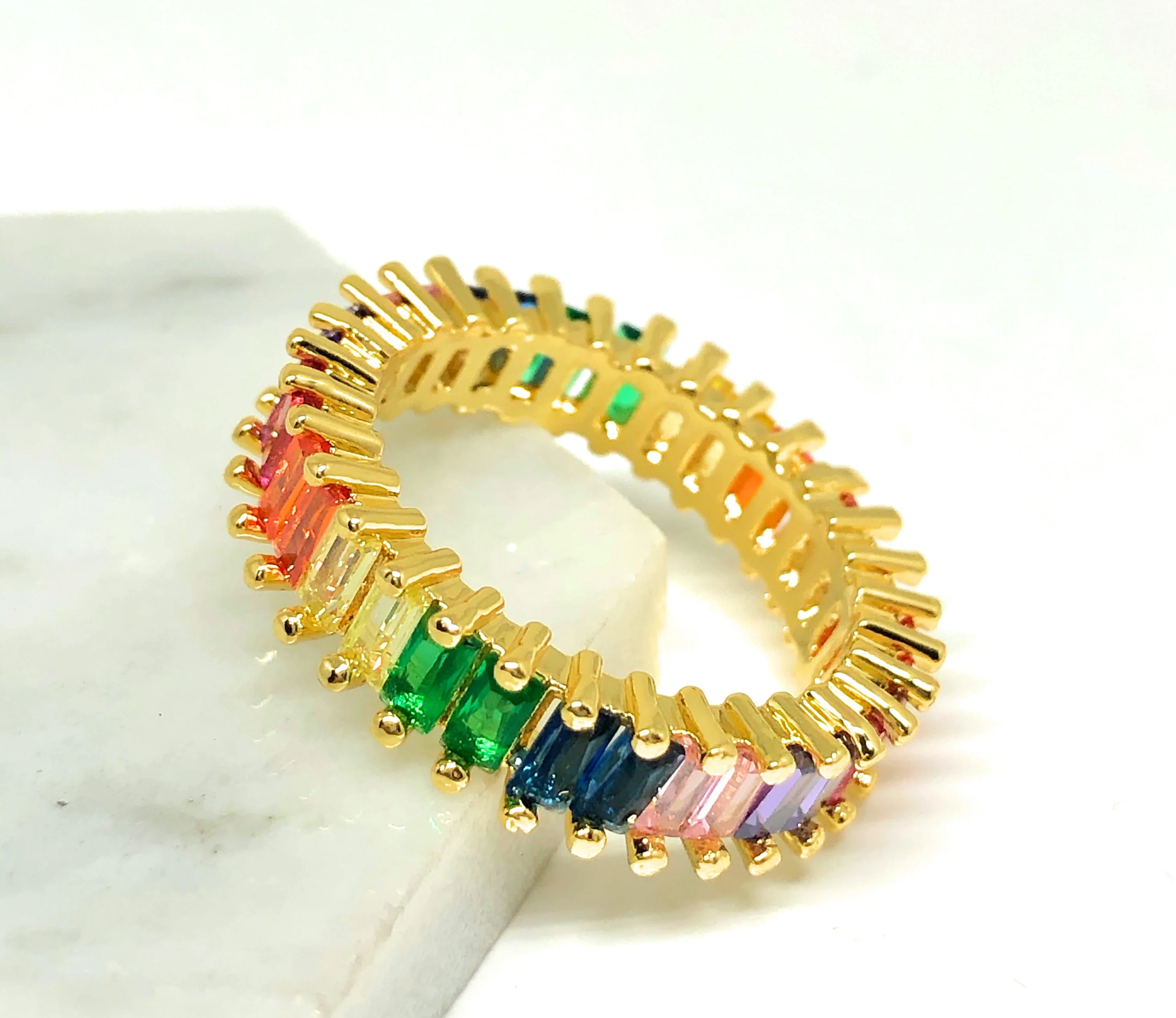 Gold Plated Multi-Color Vibrant Rainbow Baguette Ring Anillo - Image 3