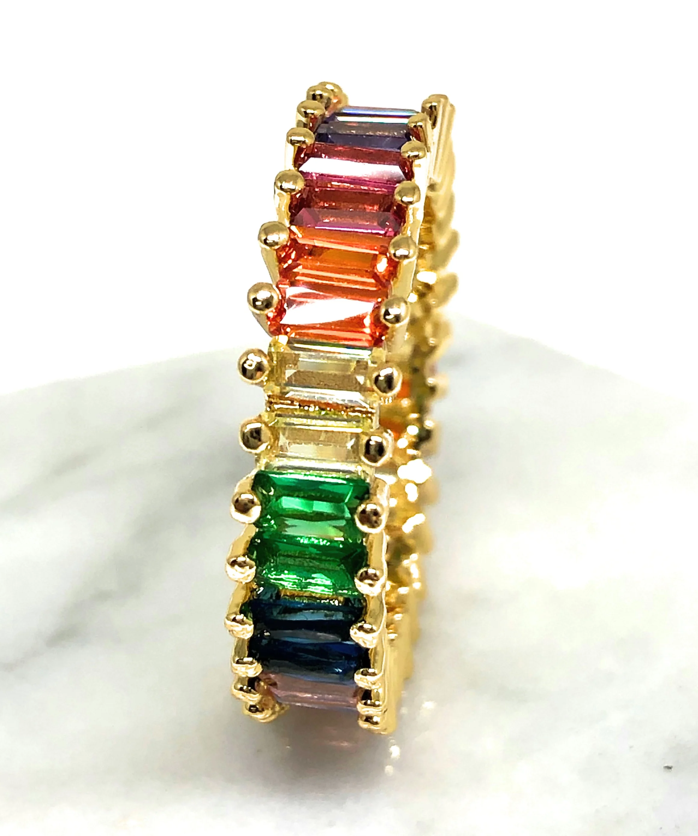 Gold Plated Multi-Color Vibrant Rainbow Baguette Ring Anillo - Image 4
