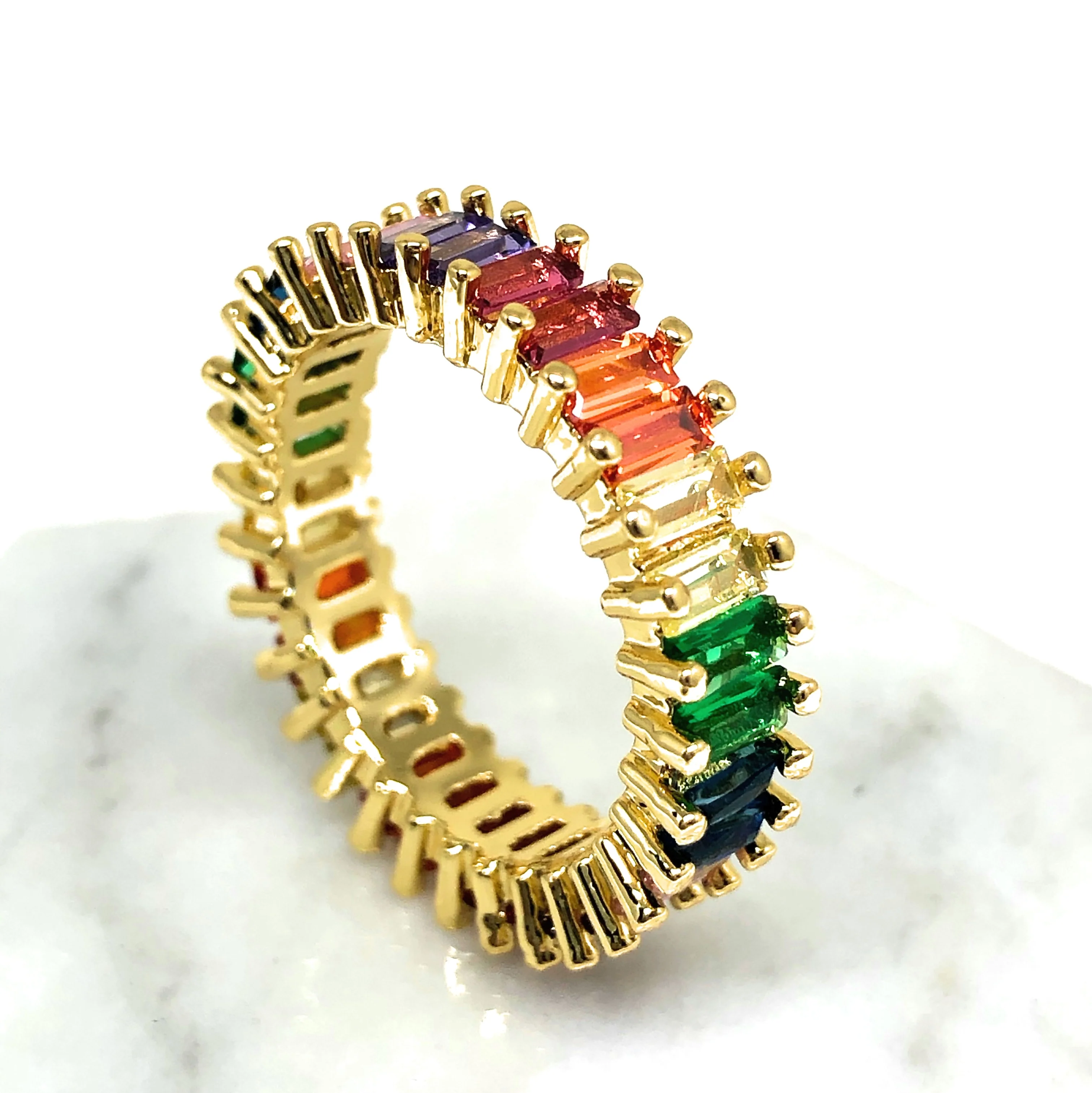 Gold Plated Multi-Color Vibrant Rainbow Baguette Ring Anillo - Image 5