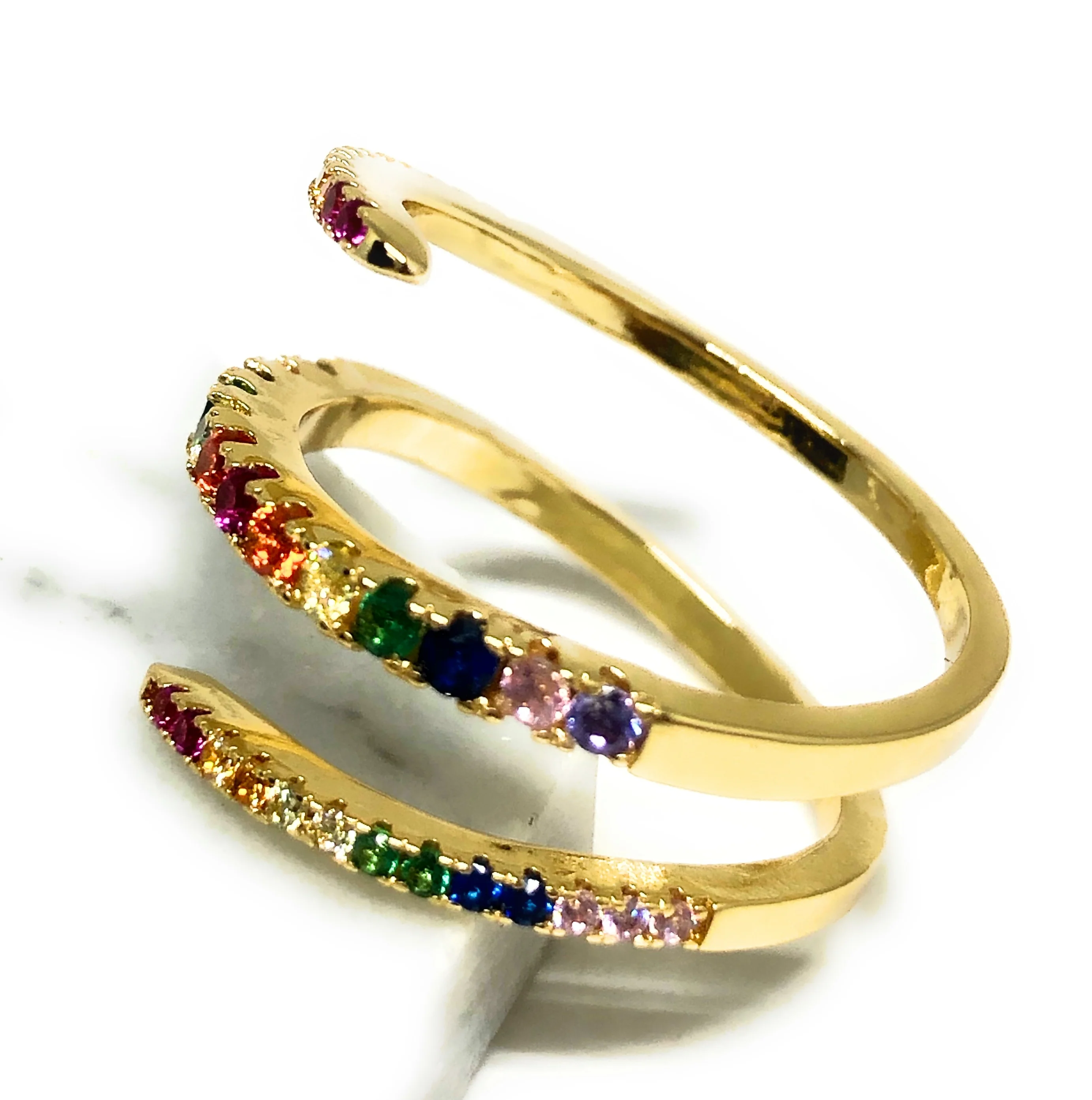 Gold Plated Multi-Color Vibrant Stones Curl Ring Anillo