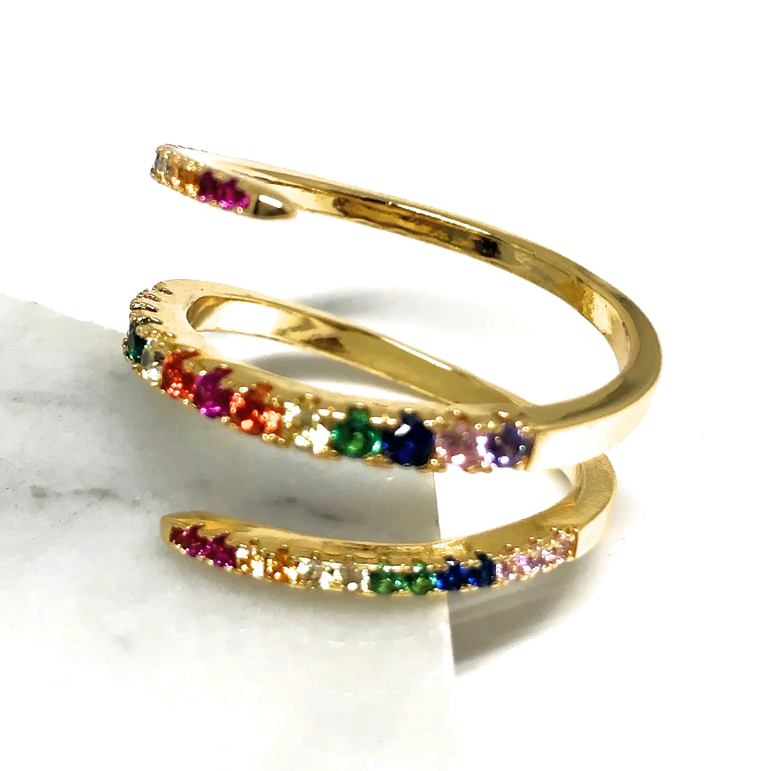 Gold Plated Multi-Color Vibrant Stones Curl Ring Anillo - Image 2