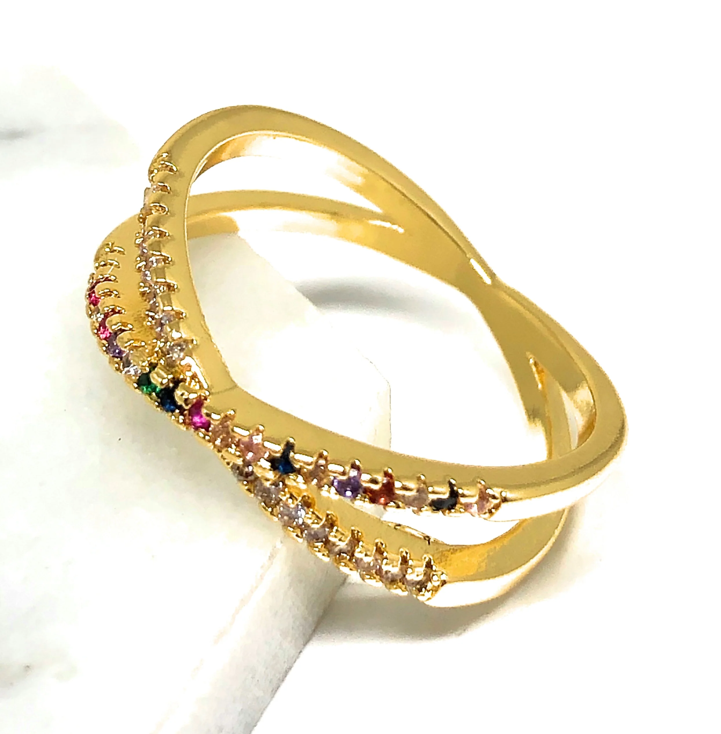 Gold Plated Multi-Color Vibrant Stones X Ring Anillo