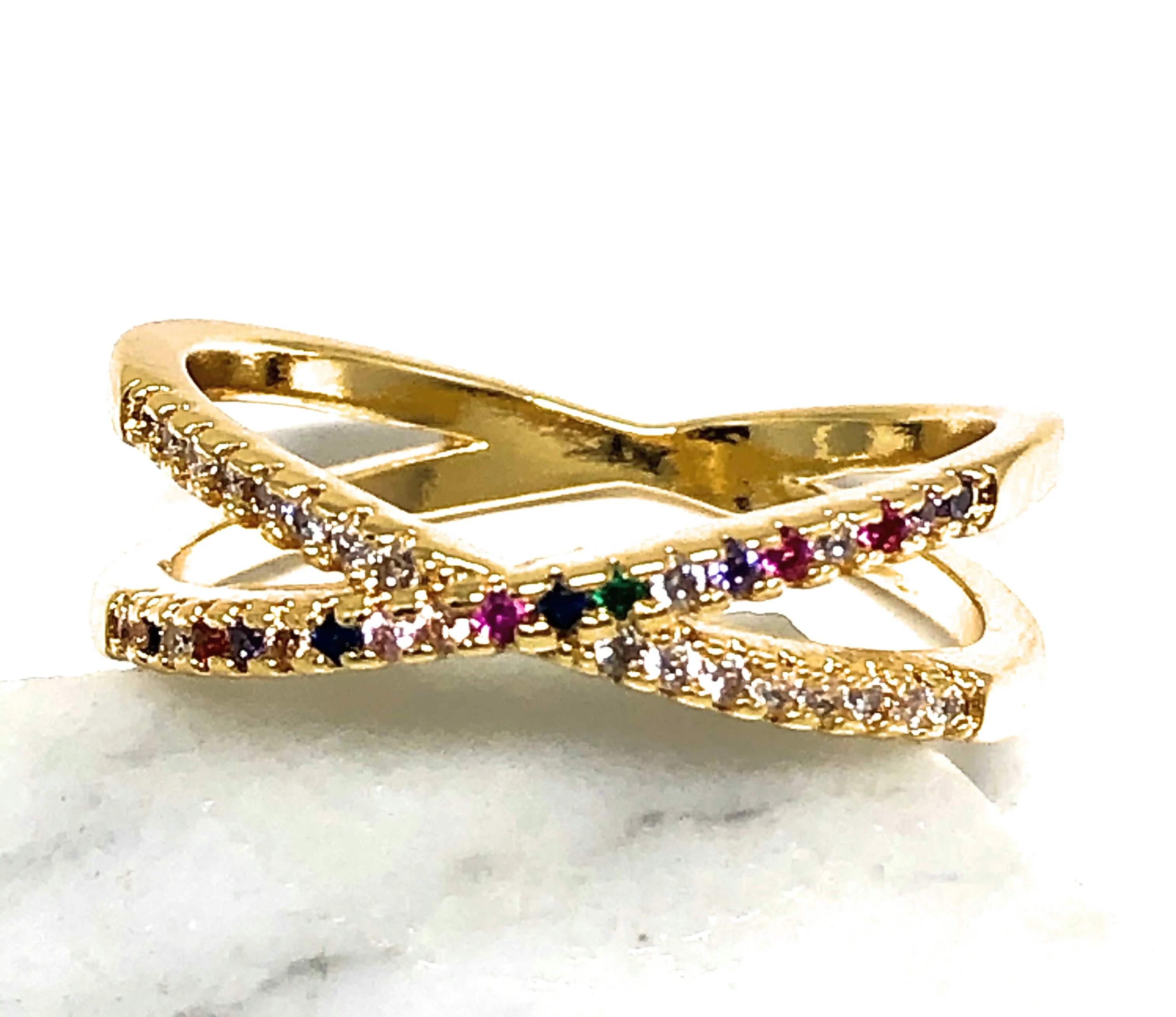 Gold Plated Multi-Color Vibrant Stones X Ring Anillo - Image 3