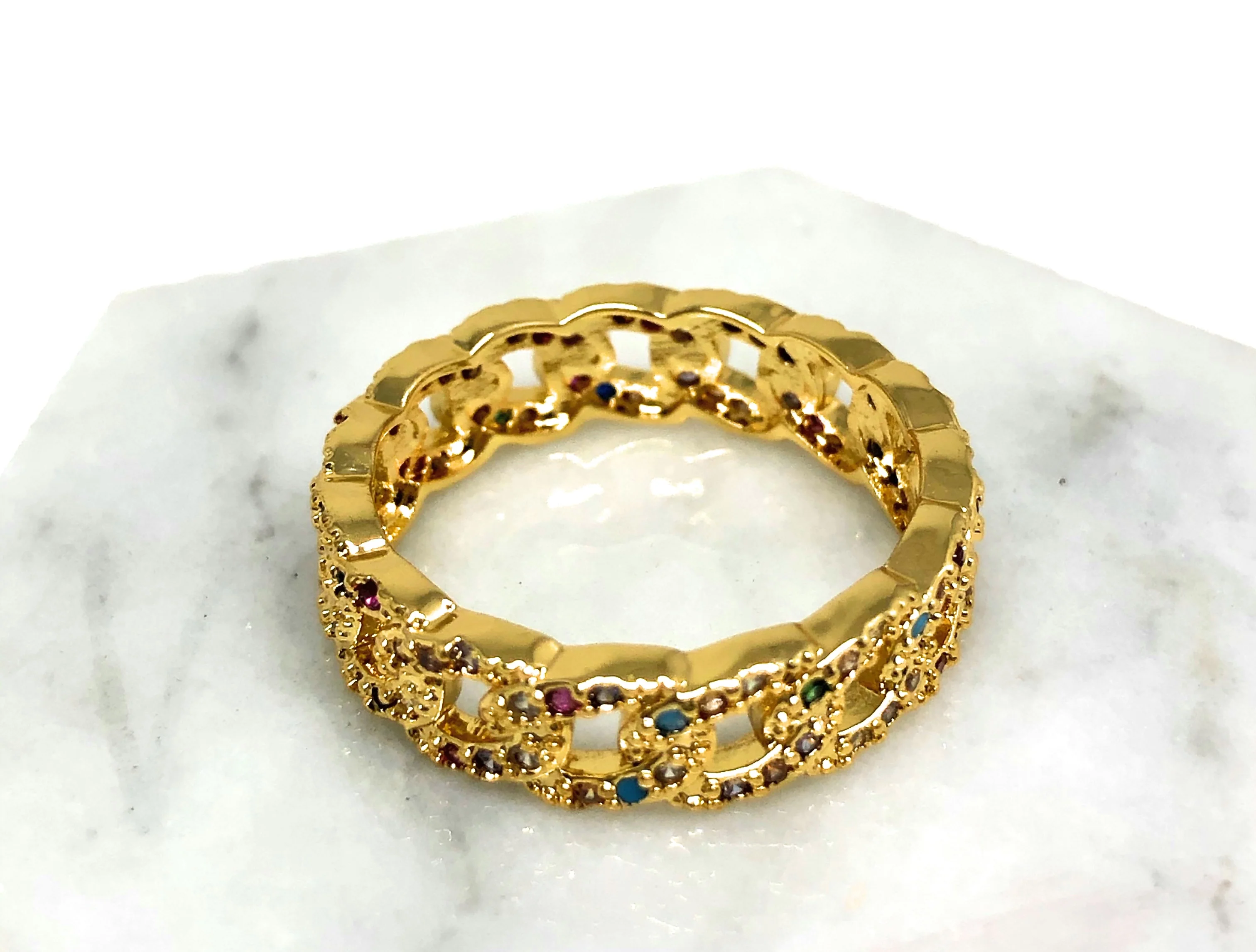 Gold Plated Rainbow Colorful Stone Cuban Link Style Ring Anillo - Image 2