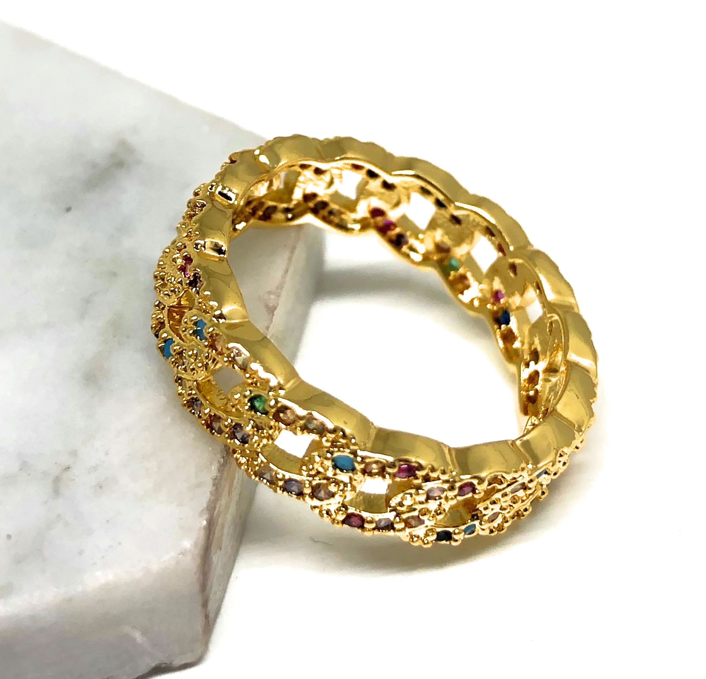 Gold Plated Rainbow Colorful Stone Cuban Link Style Ring Anillo - Image 3