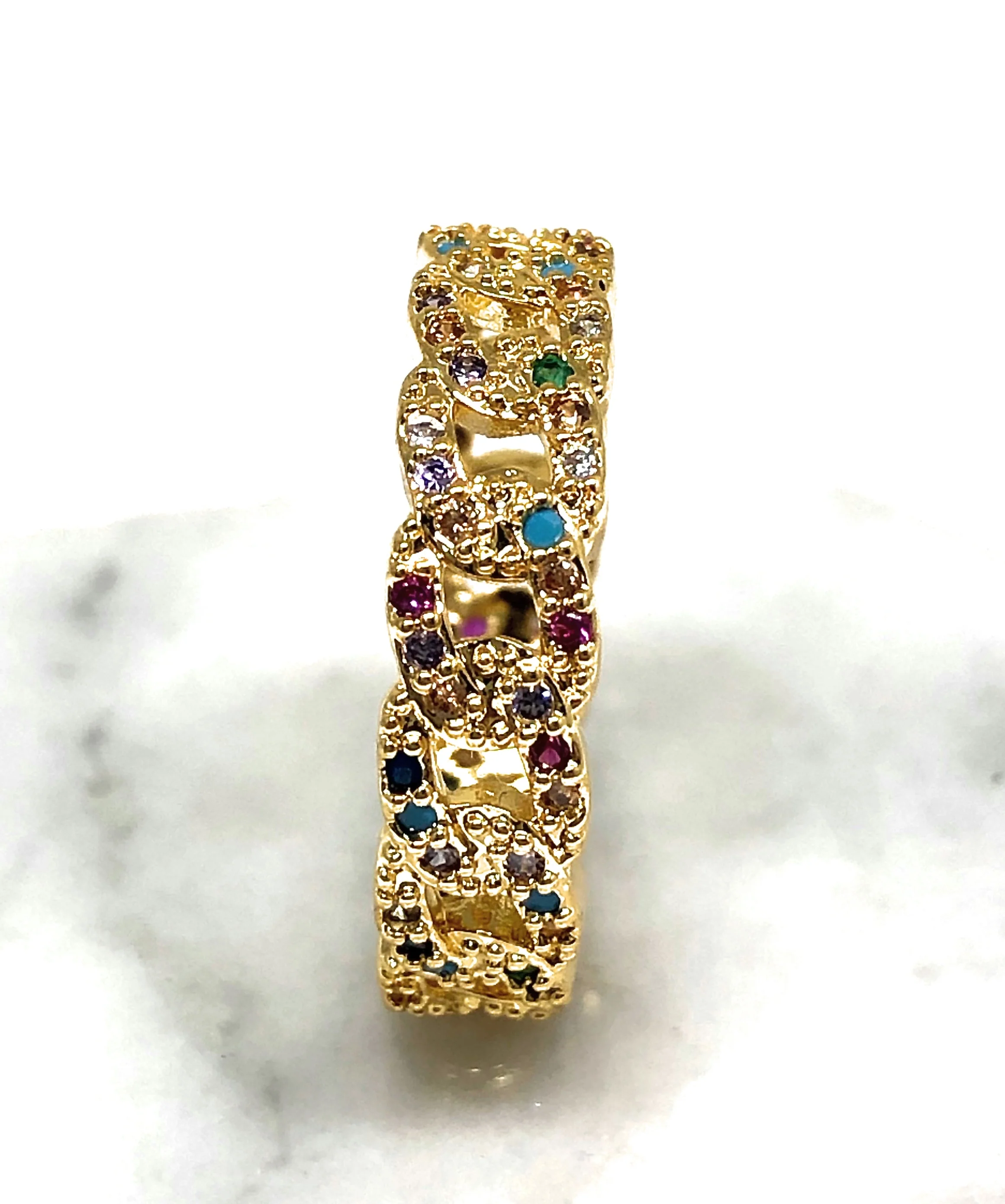 Gold Plated Rainbow Colorful Stone Cuban Link Style Ring Anillo - Image 4