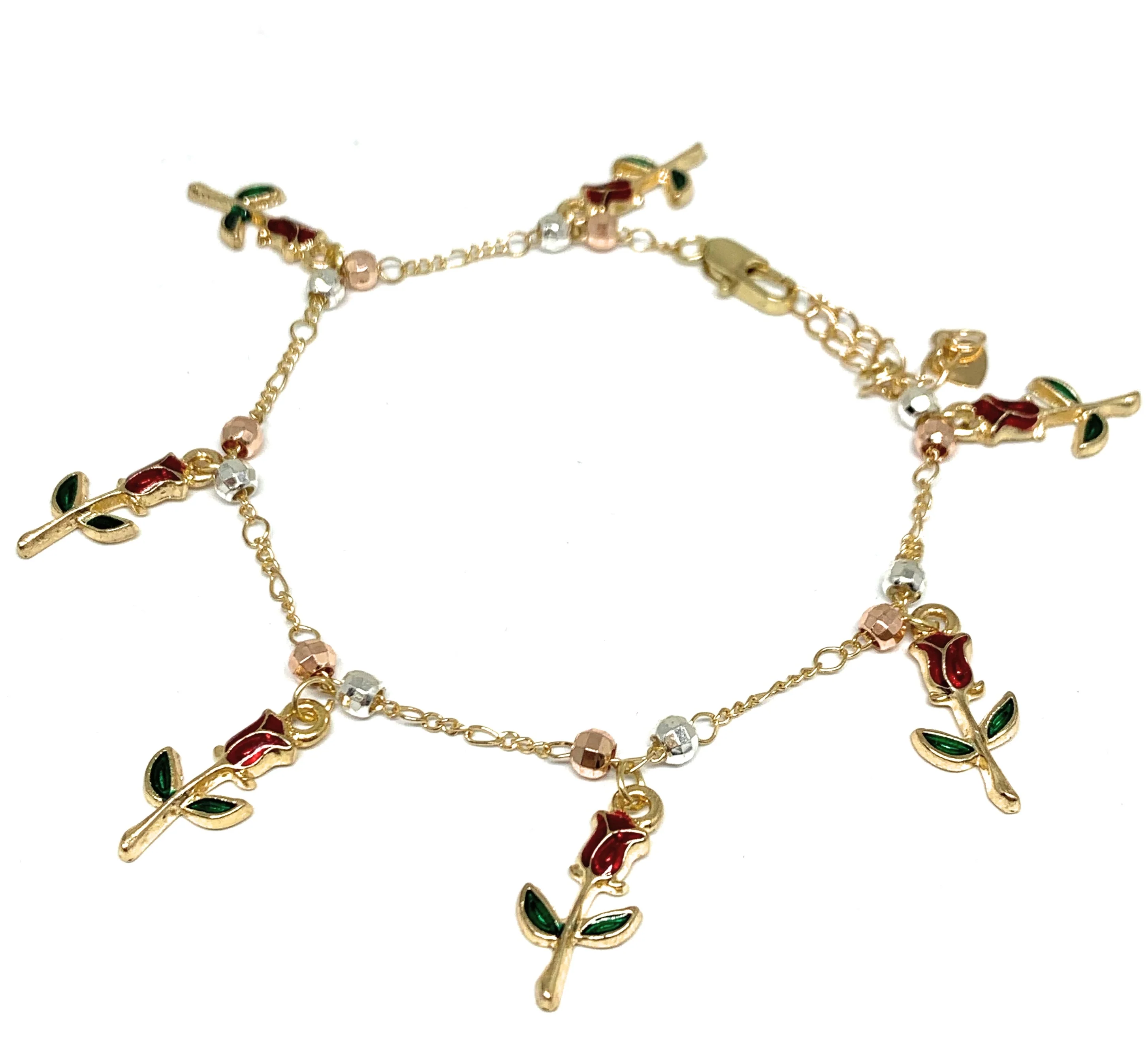Gold Plated Rose Charms Tri-Color Bracelet 9”