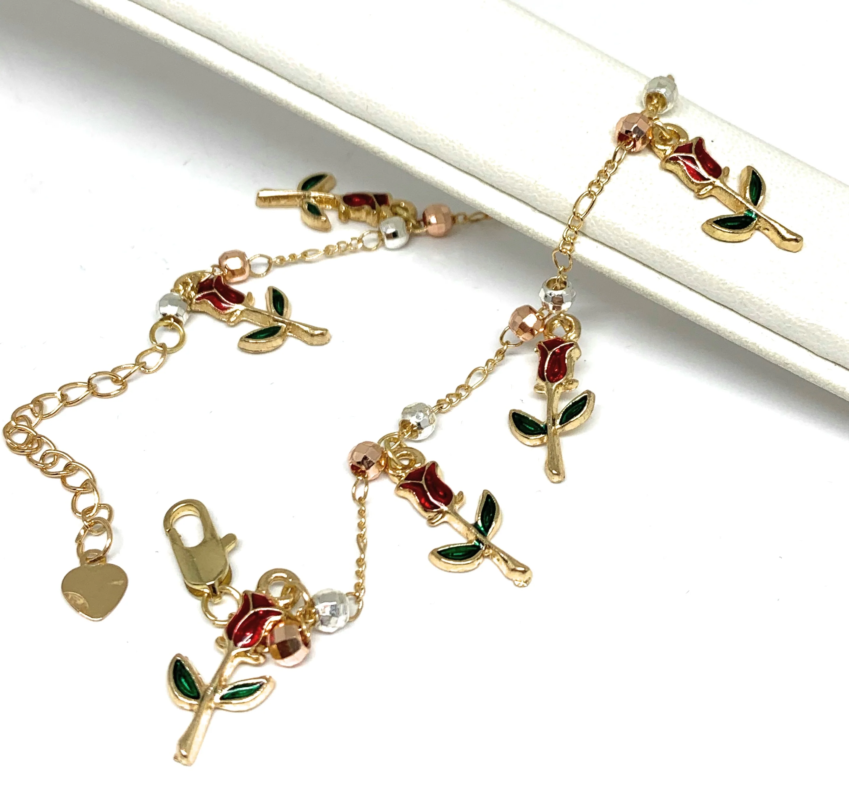 Gold Plated Rose Charms Tri-Color Bracelet 9” - Image 2