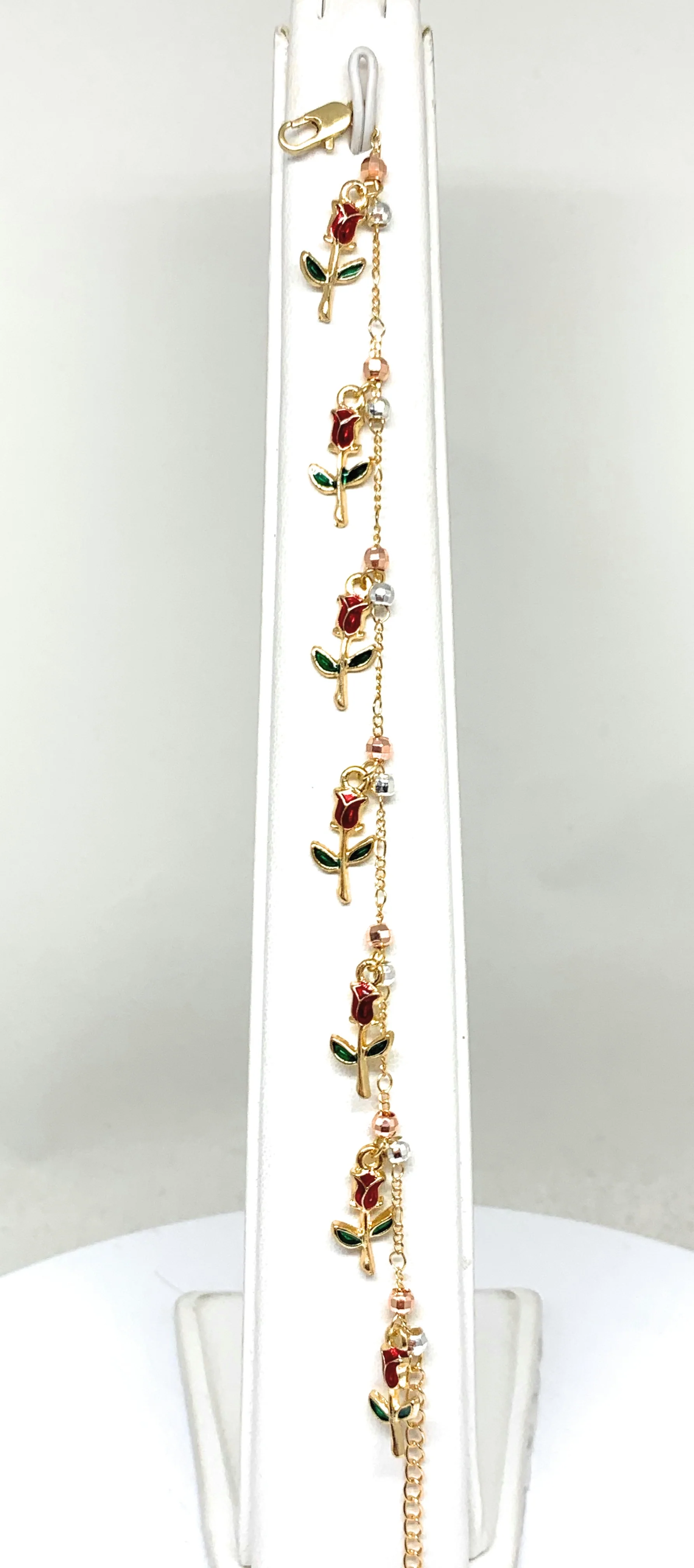 Gold Plated Rose Charms Tri-Color Bracelet 9” - Image 3