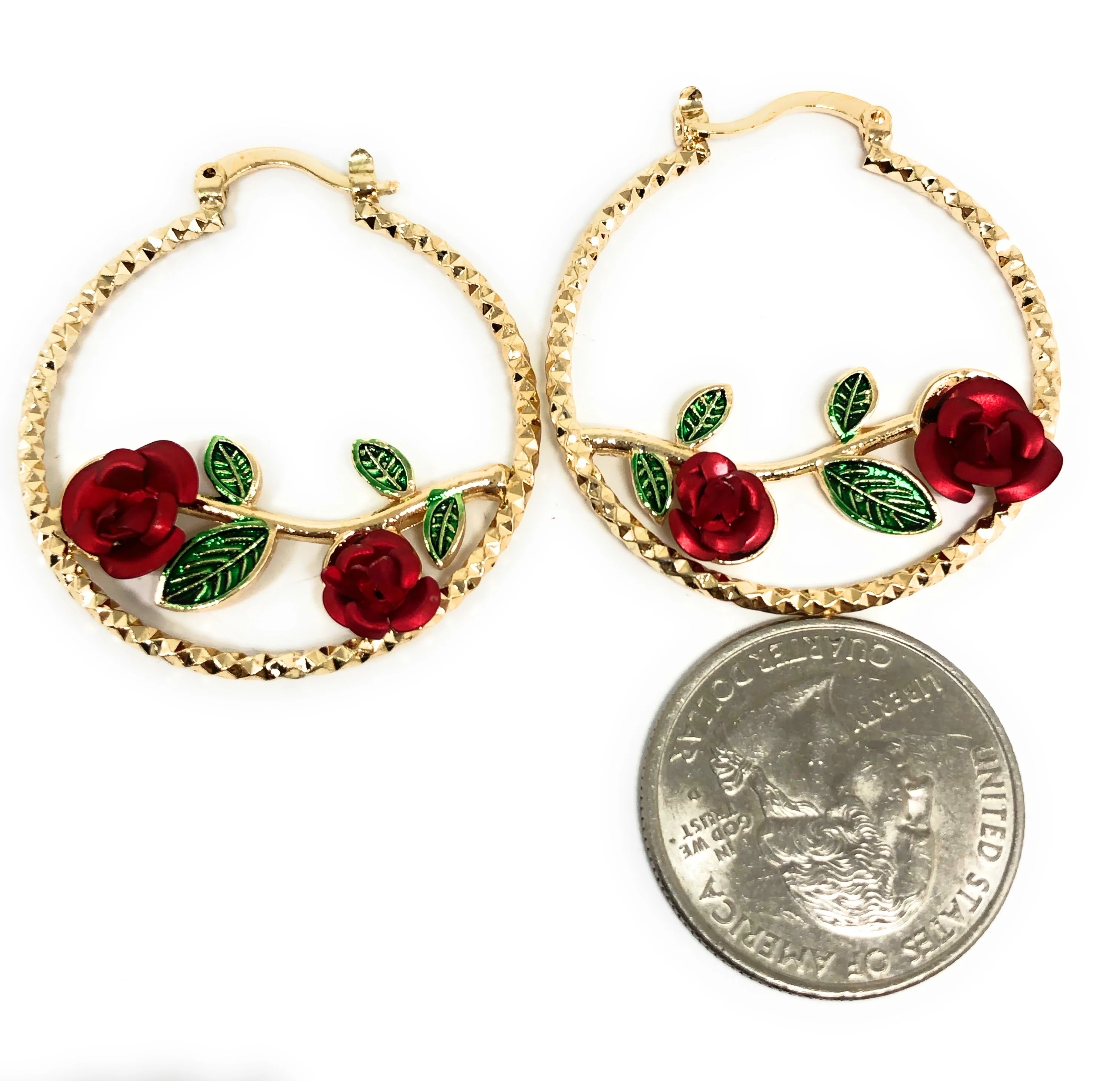 Gold Plated Rose Flower Hoop Earrings Flor Aretes Arracadas (1 INCH) - Image 2