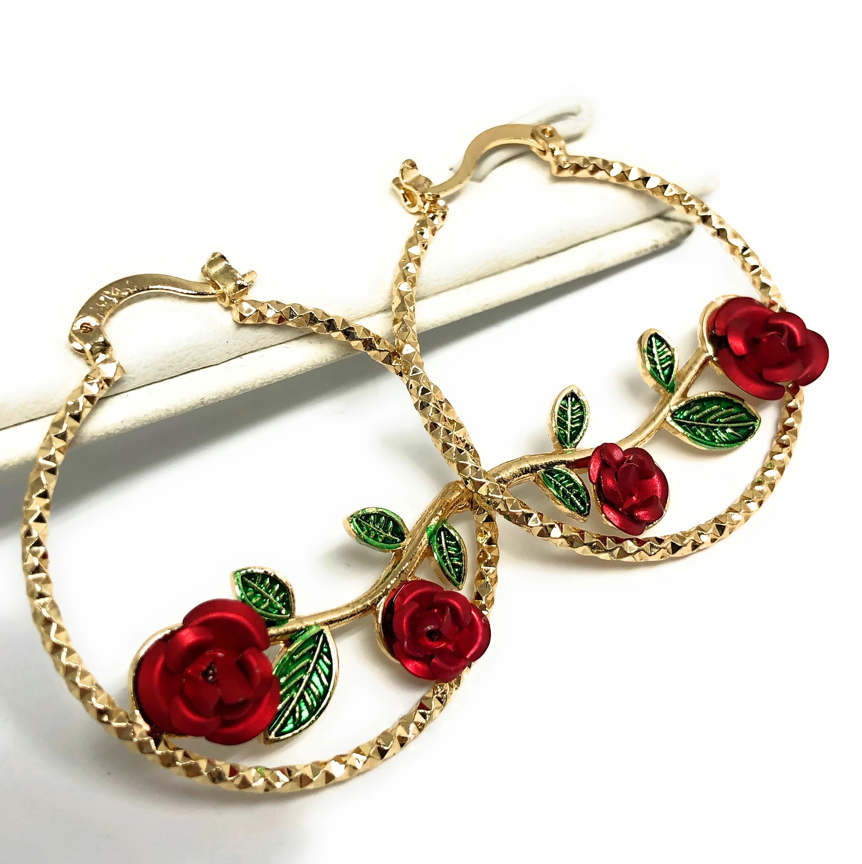 Gold Plated Rose Flower Hoop Earrings Flor Aretes Arracadas (1 INCH) - Image 3