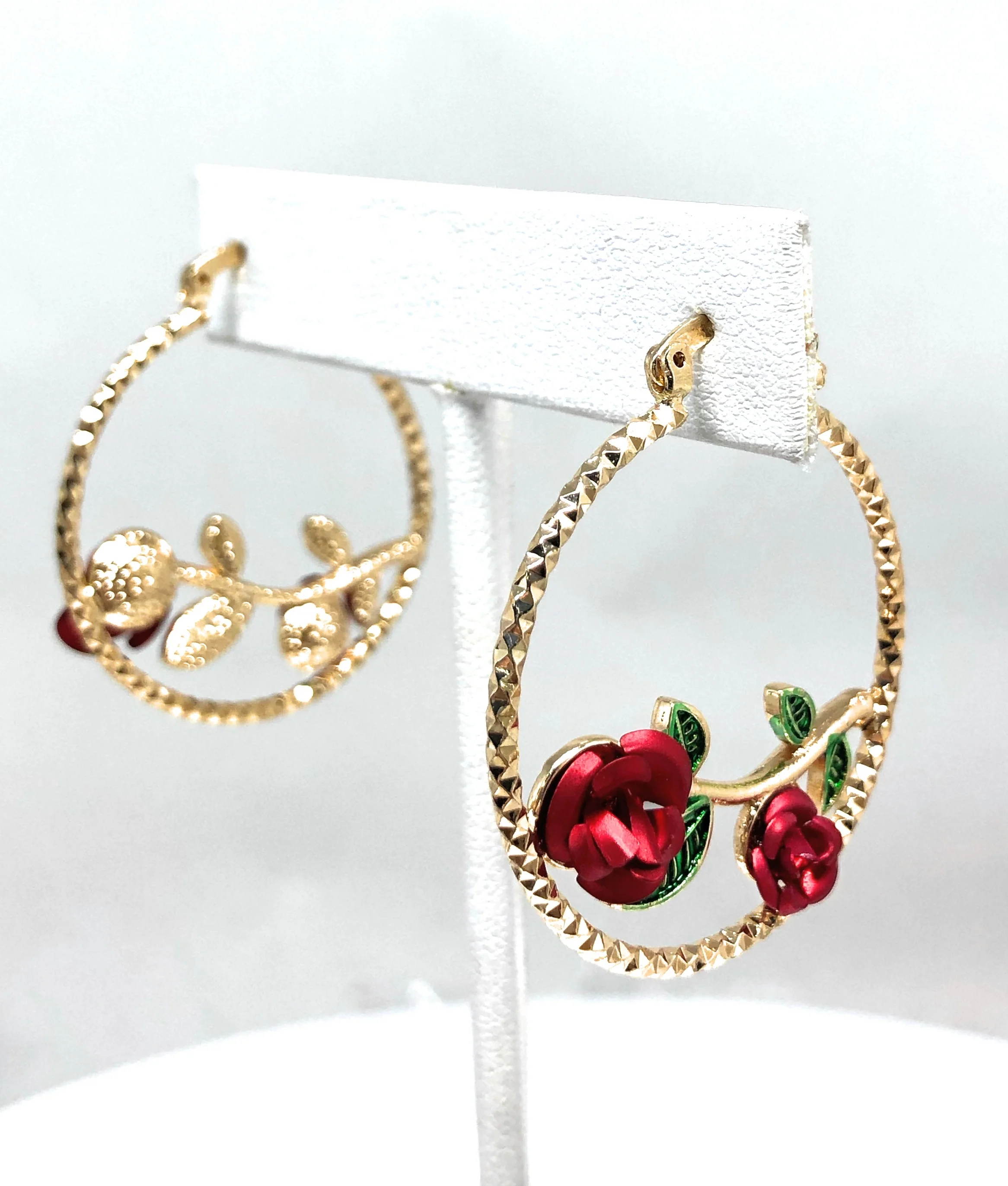 Gold Plated Rose Flower Hoop Earrings Flor Aretes Arracadas (1 INCH) - Image 4
