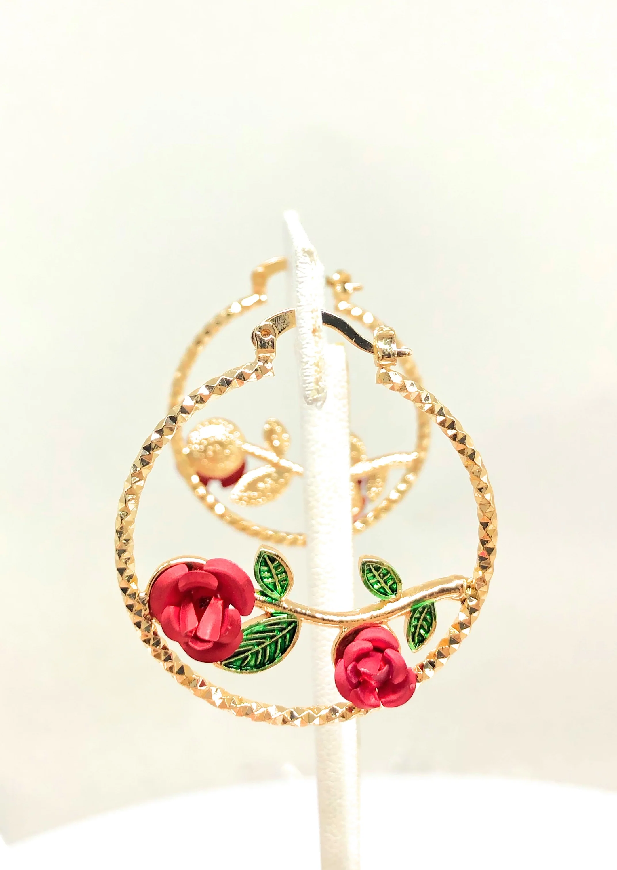 Gold Plated Rose Flower Hoop Earrings Flor Aretes Arracadas (1 INCH) - Image 5