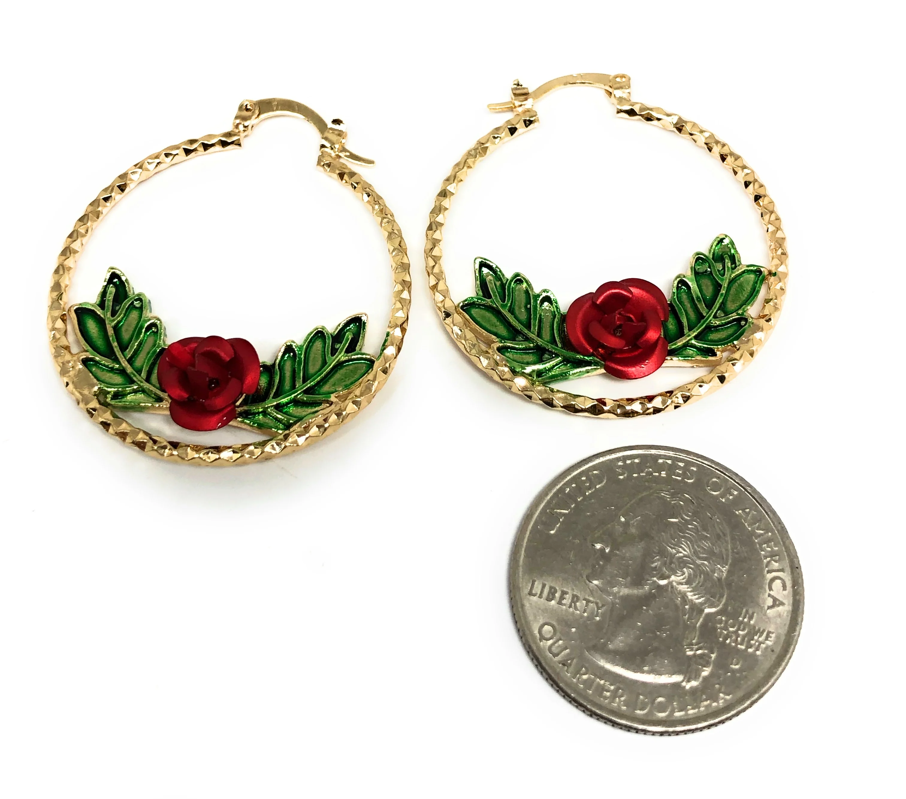 Gold Plated Rose Flower Hoop Earrings Flor Aretes Arracadas (1 INCH) - Image 2