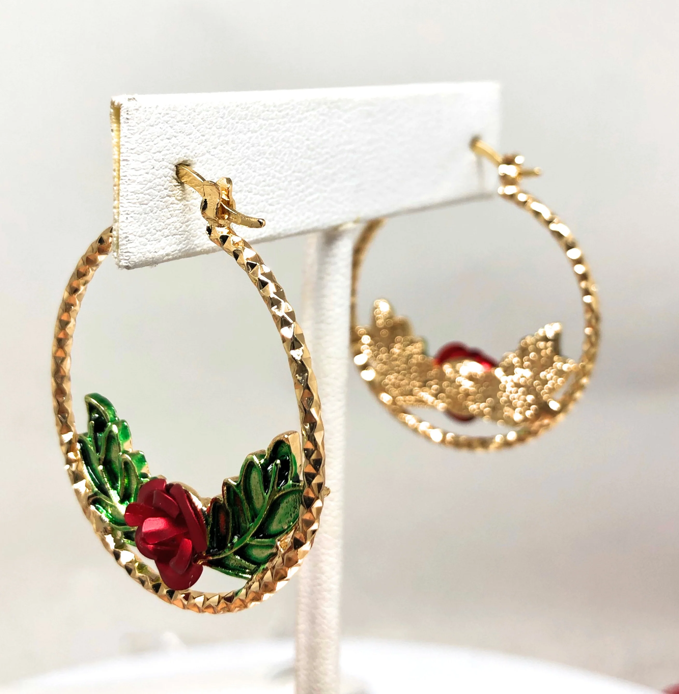 Gold Plated Rose Flower Hoop Earrings Flor Aretes Arracadas (1 INCH) - Image 4