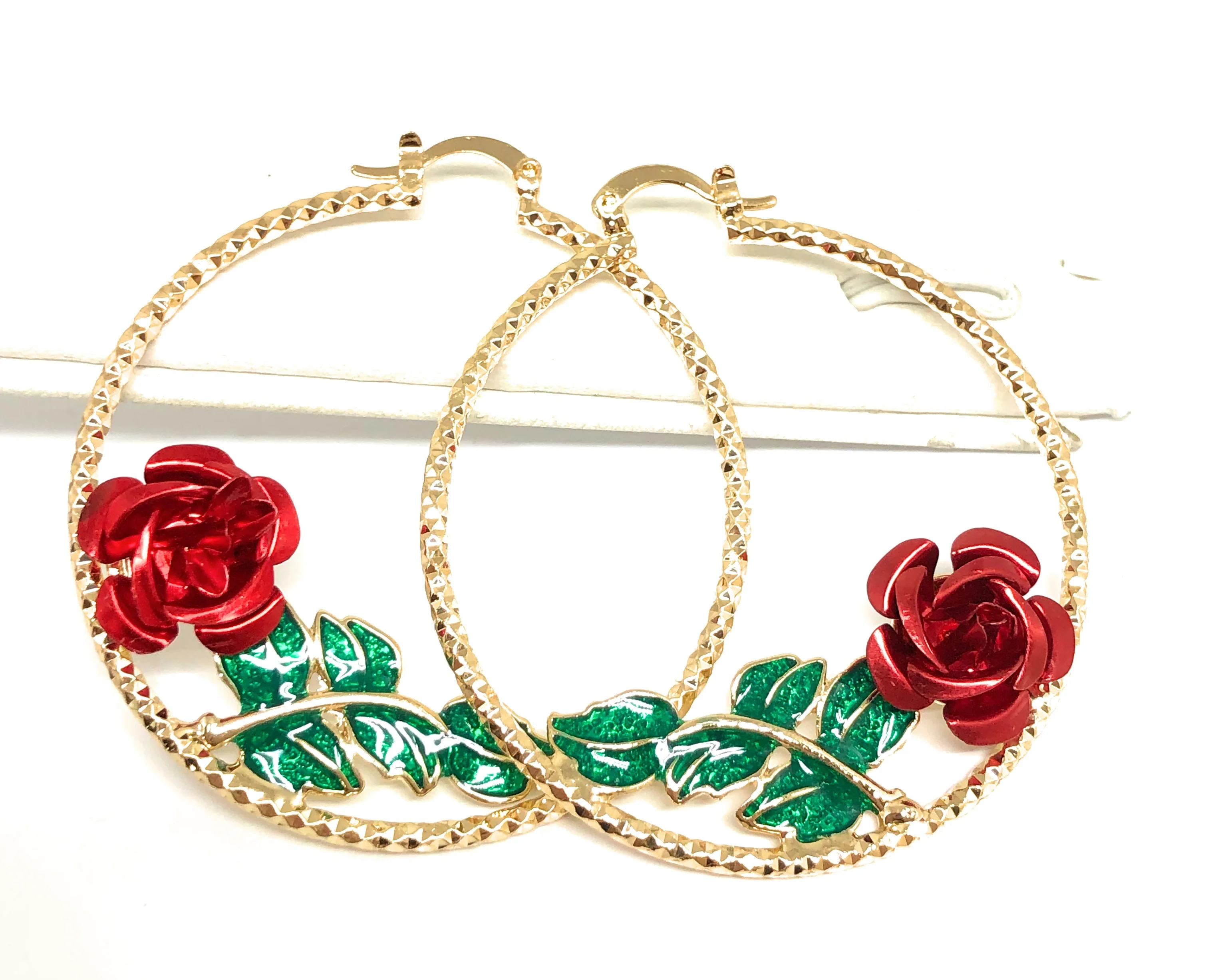Gold Plated Rose Flower Hoop Earrings Flor Aretes Arracadas (2 INCH) - Image 2