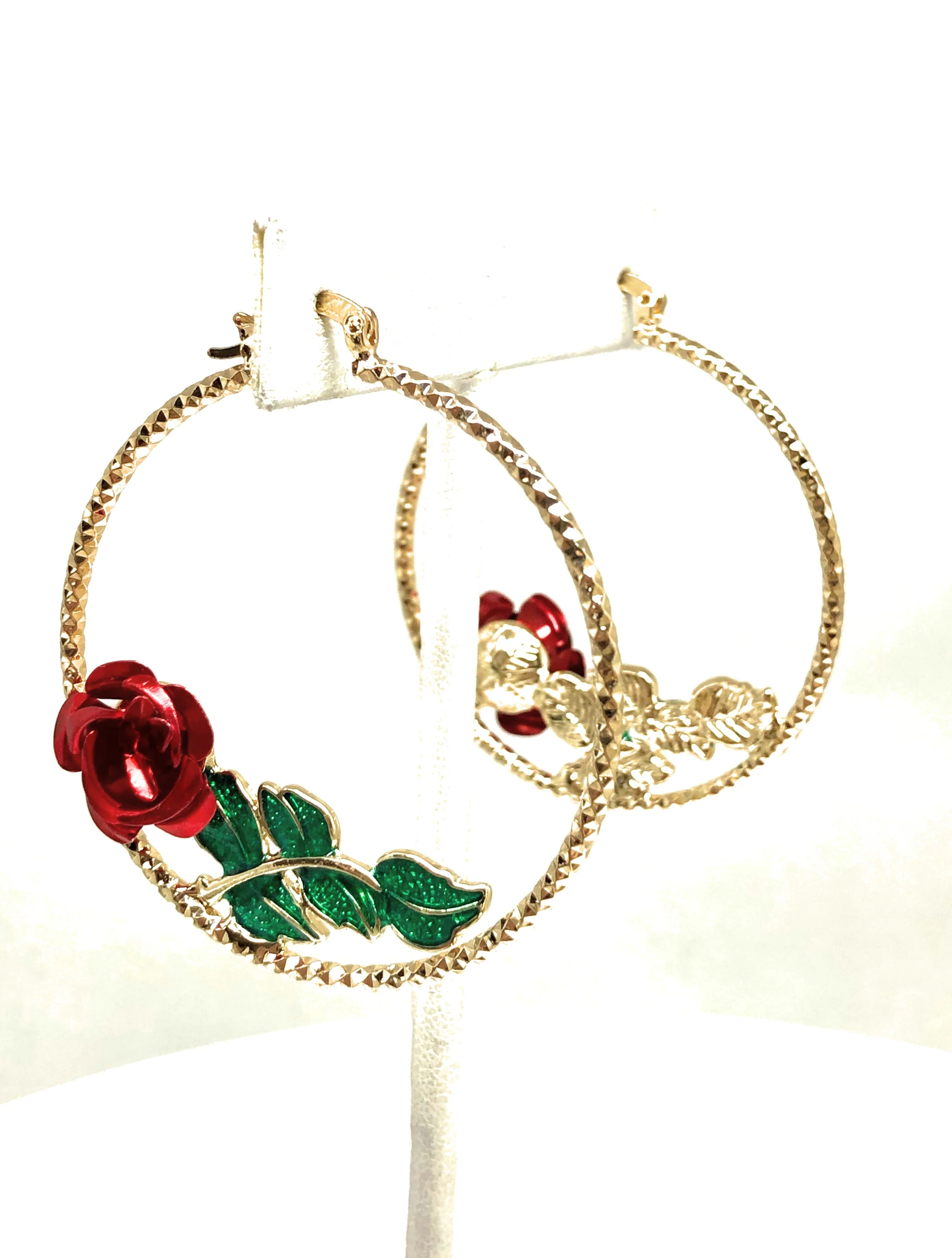 Gold Plated Rose Flower Hoop Earrings Flor Aretes Arracadas (2 INCH) - Image 3