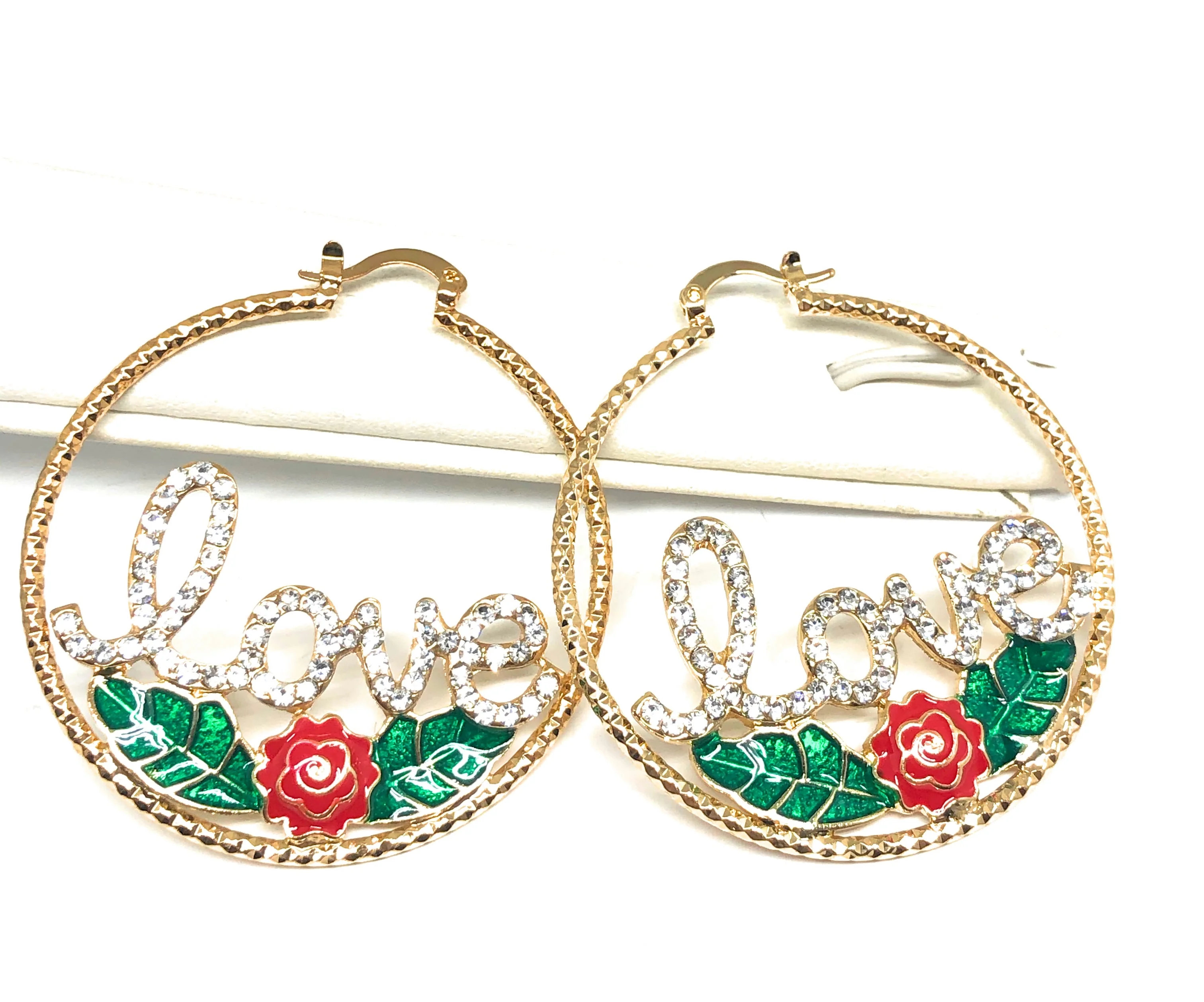 Gold Plated Rose Flower "LOVE" Hoop Earrings Flor Aretes Arracadas