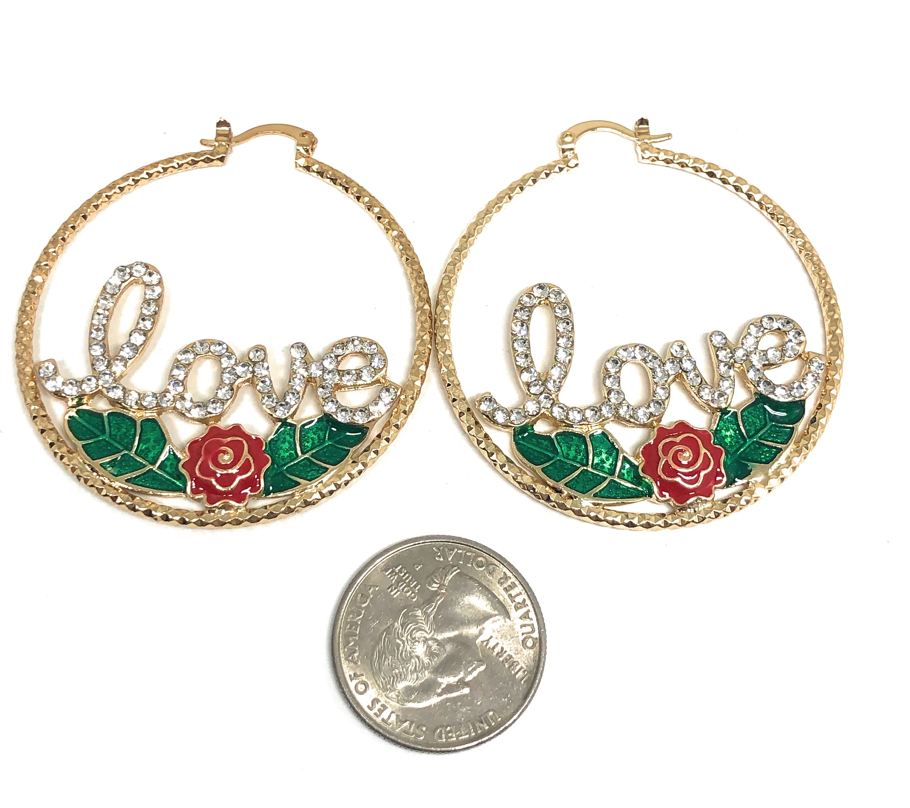 Gold Plated Rose Flower "LOVE" Hoop Earrings Flor Aretes Arracadas - Image 2