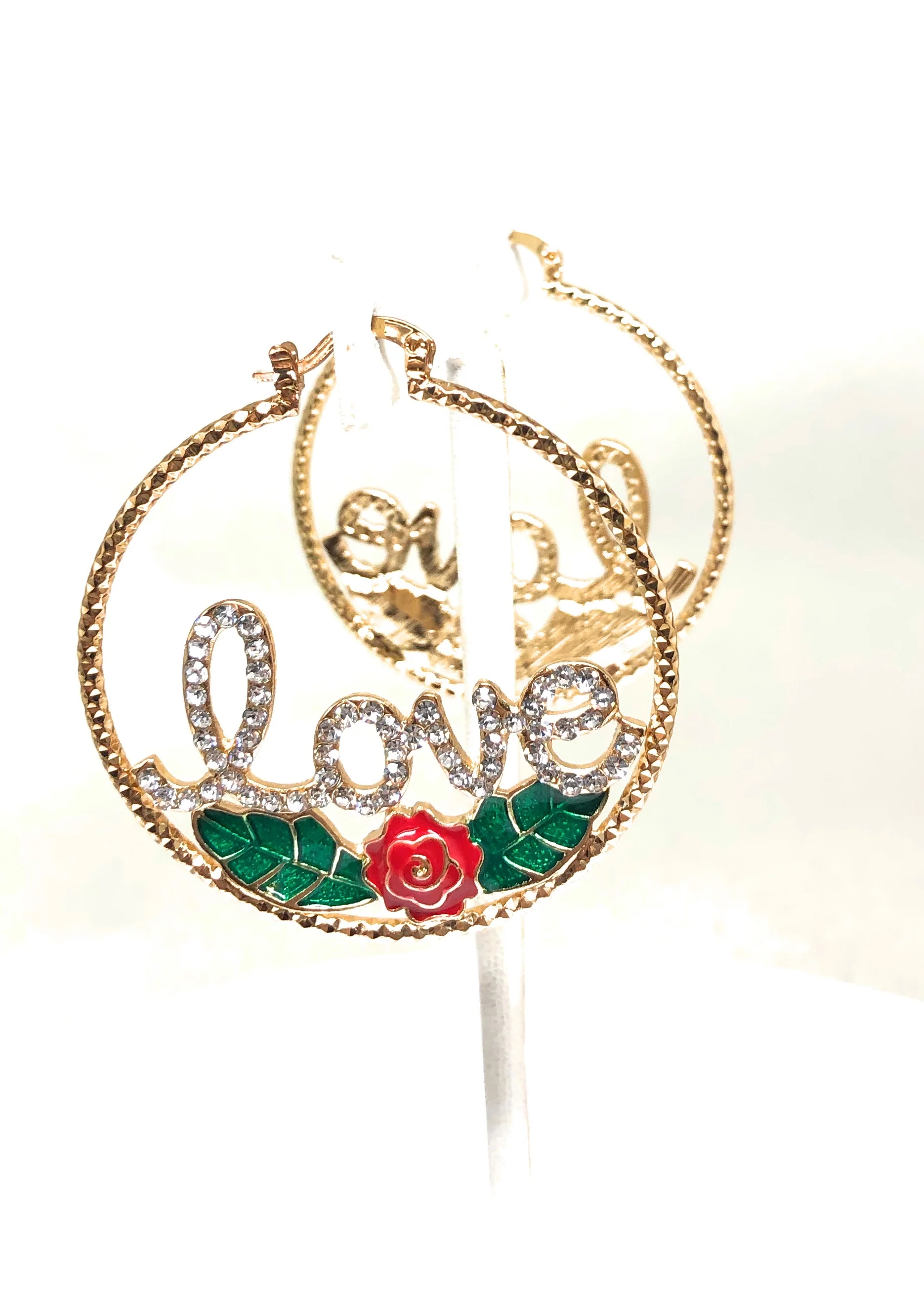 Gold Plated Rose Flower "LOVE" Hoop Earrings Flor Aretes Arracadas - Image 3