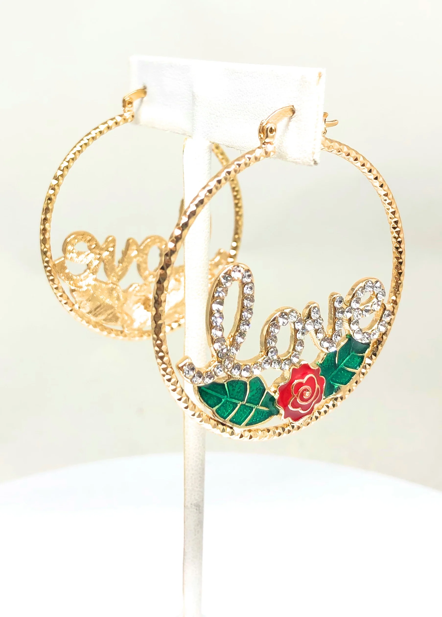 Gold Plated Rose Flower "LOVE" Hoop Earrings Flor Aretes Arracadas - Image 5