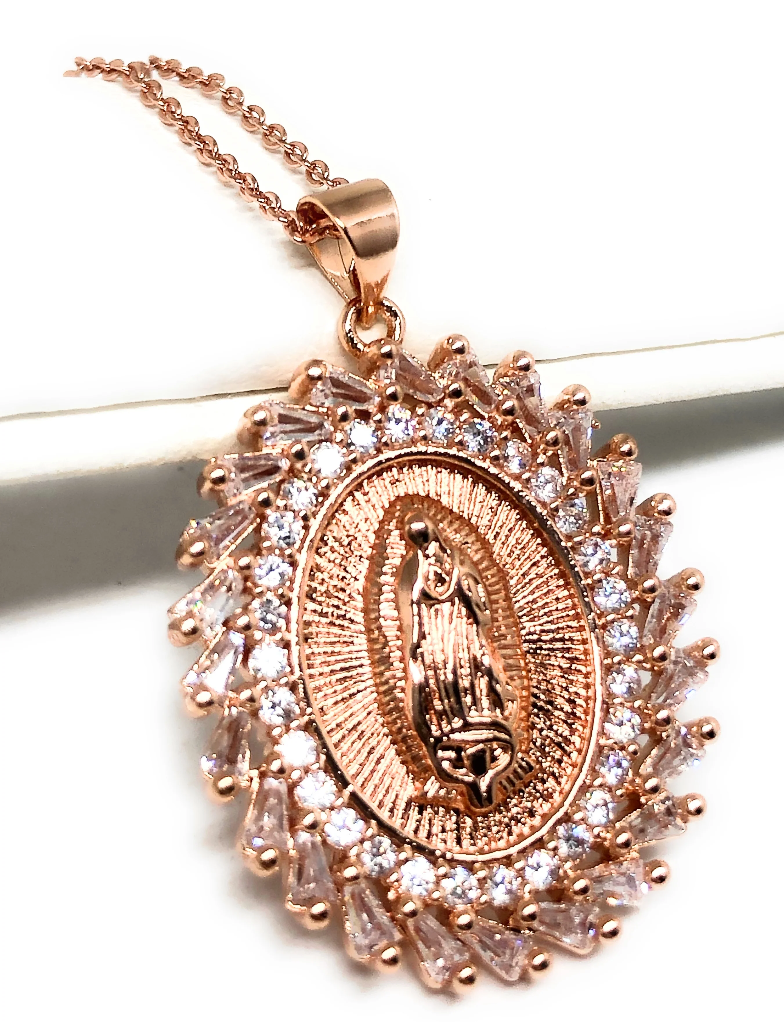 Gold Plated Rose Gold Virgin Mary Pendant Necklace CZ 20” Virgen de Guadalupe - Image 3