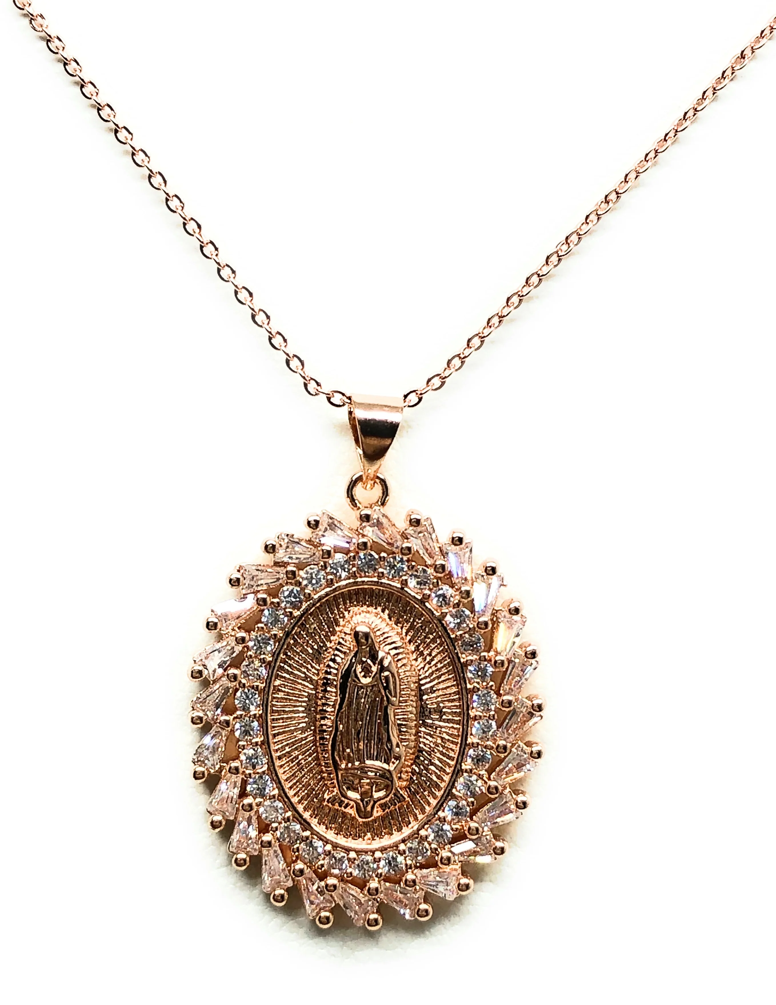 Gold Plated Rose Gold Virgin Mary Pendant Necklace CZ 20” Virgen de Guadalupe - Image 4