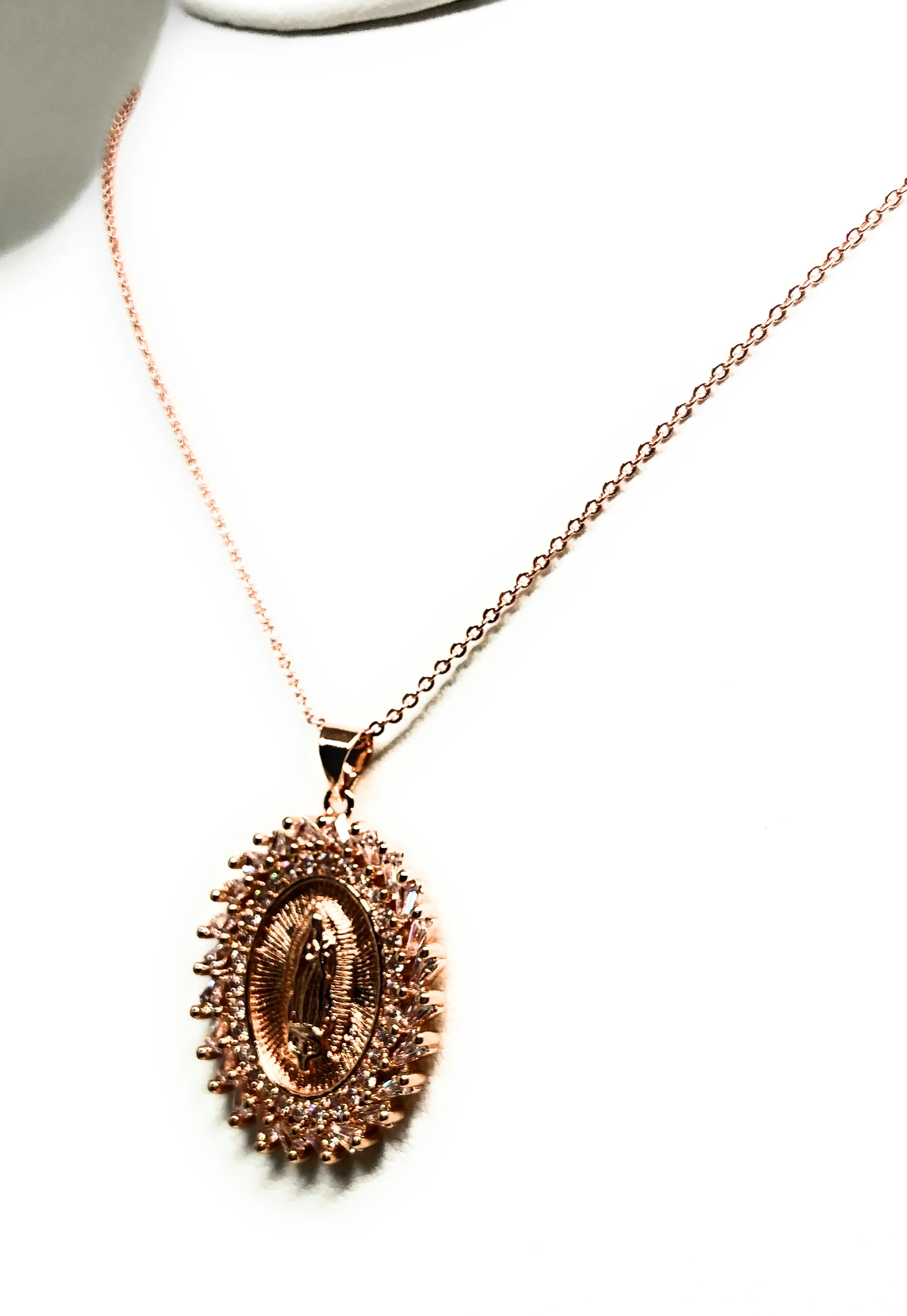 Gold Plated Rose Gold Virgin Mary Pendant Necklace CZ 20” Virgen de Guadalupe - Image 5