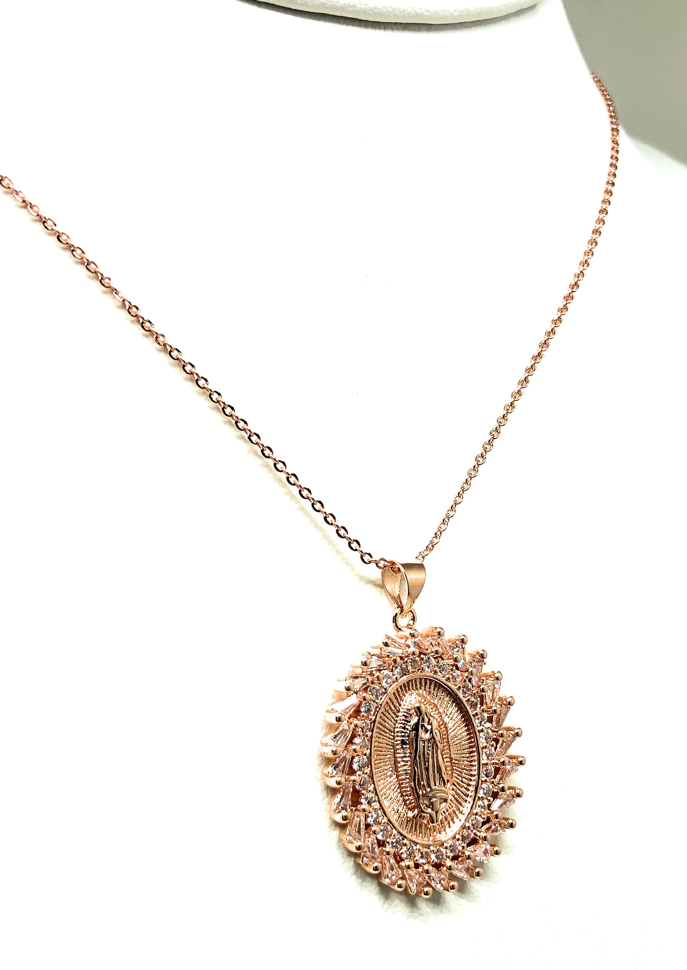 Gold Plated Rose Gold Virgin Mary Pendant Necklace CZ 20” Virgen de Guadalupe - Image 6