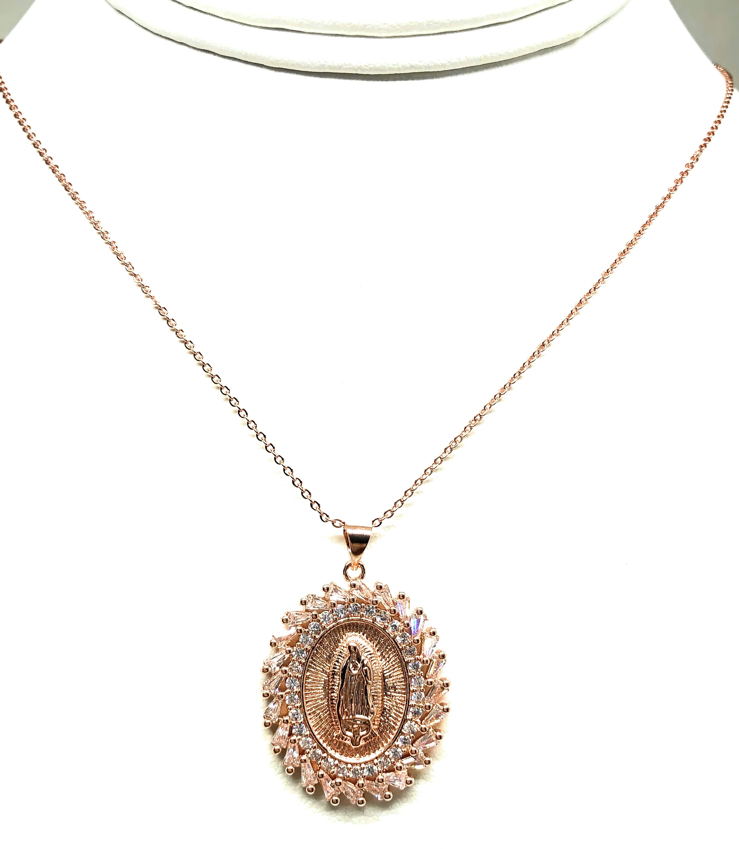 Gold Plated Rose Gold Virgin Mary Pendant Necklace CZ 20” Virgen de Guadalupe - Image 7