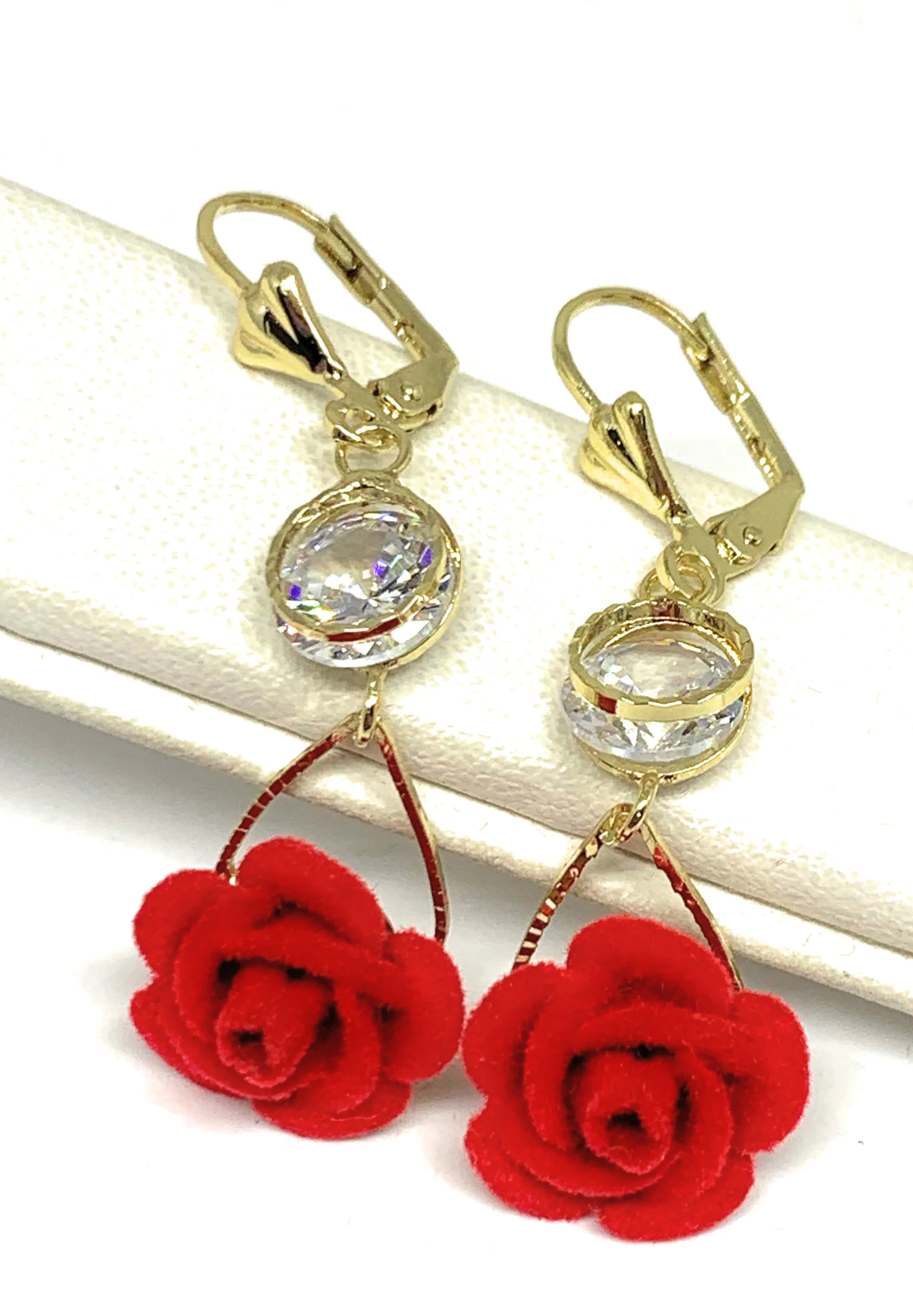 Gold Plated Rose Heart CZ Dangle Earrings Aretes - Image 2
