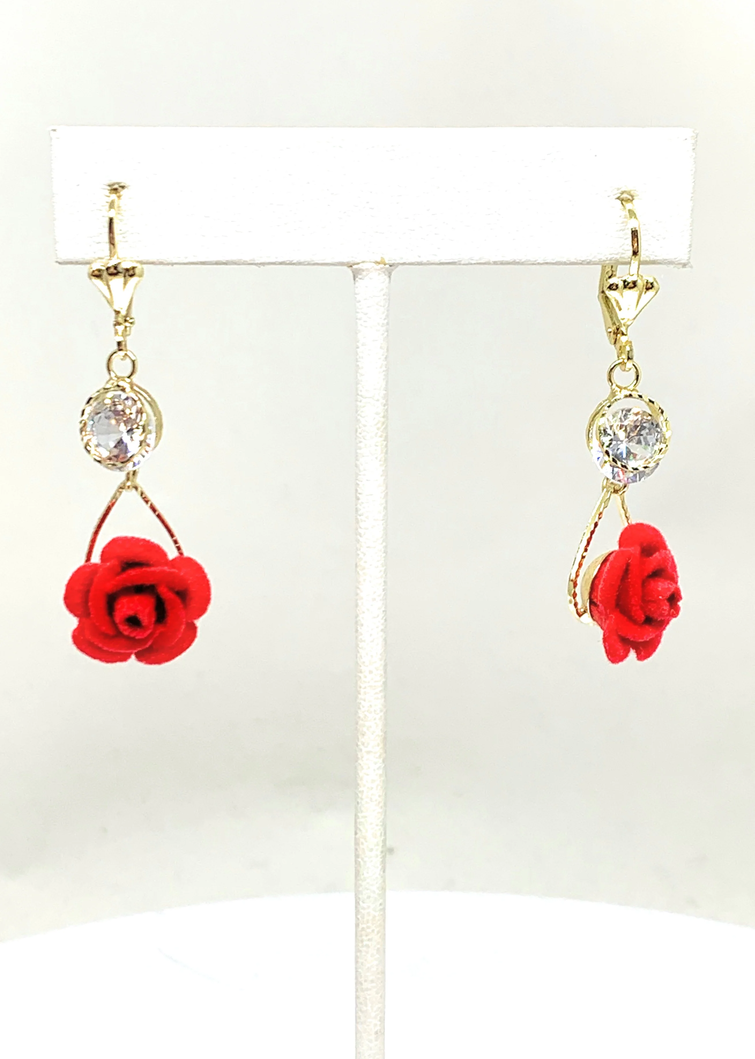 Gold Plated Rose Heart CZ Dangle Earrings Aretes - Image 3