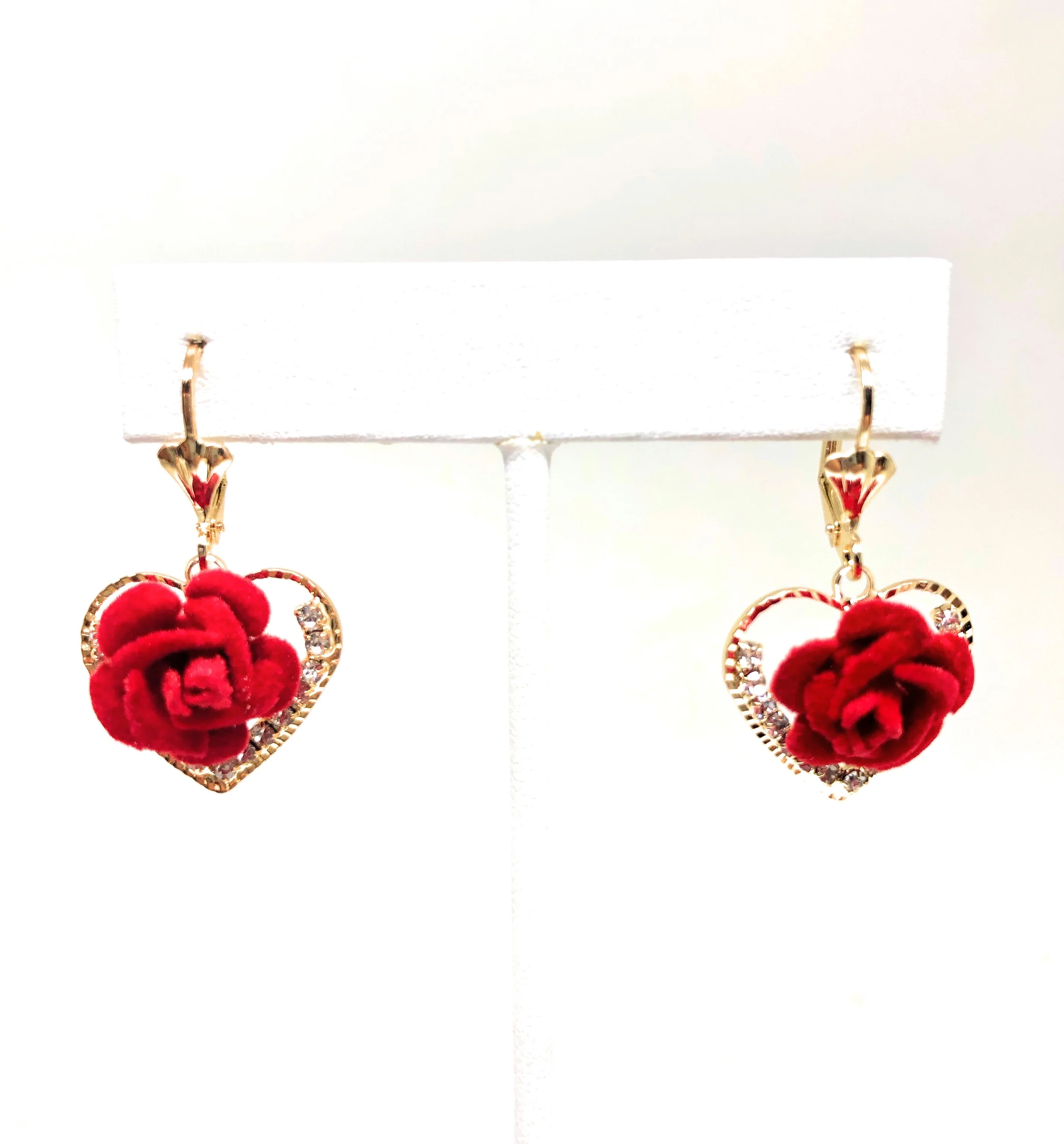 Gold Plated Rose Heart CZ Dangle Earrings Aretes - Image 3