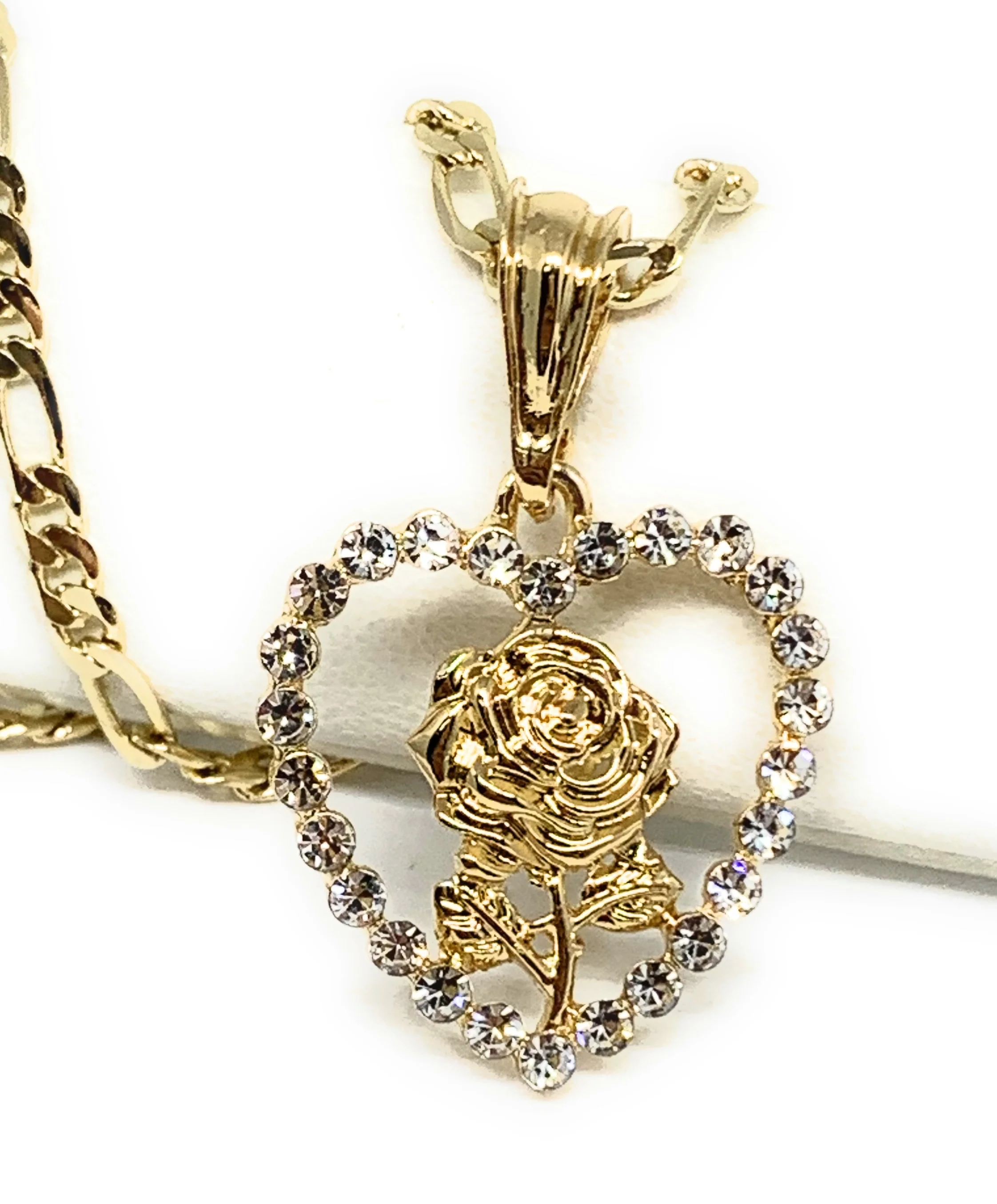 Gold Plated Rose Heart CZ Pendant Necklace Chain 24” Flor Pendant